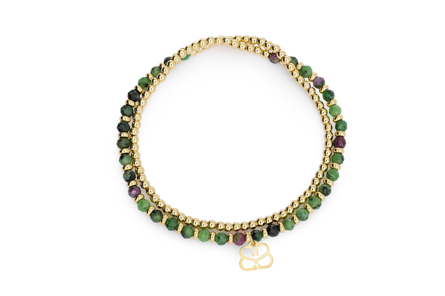 Bluebell Gold & Ruby Zoisite Stretch Bracelet with double rows of faceted ruby zoisite beads and 12k gold-plated accents in a flexible wrap design.