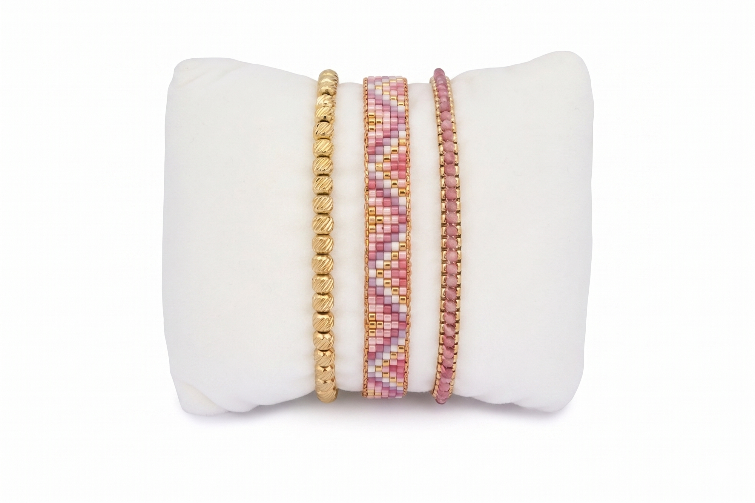 Botella Gold & Pink Tourmaline Bracelet Stack, Miyuki bead weave, pink tourmaline slider and gold stretch bracelet