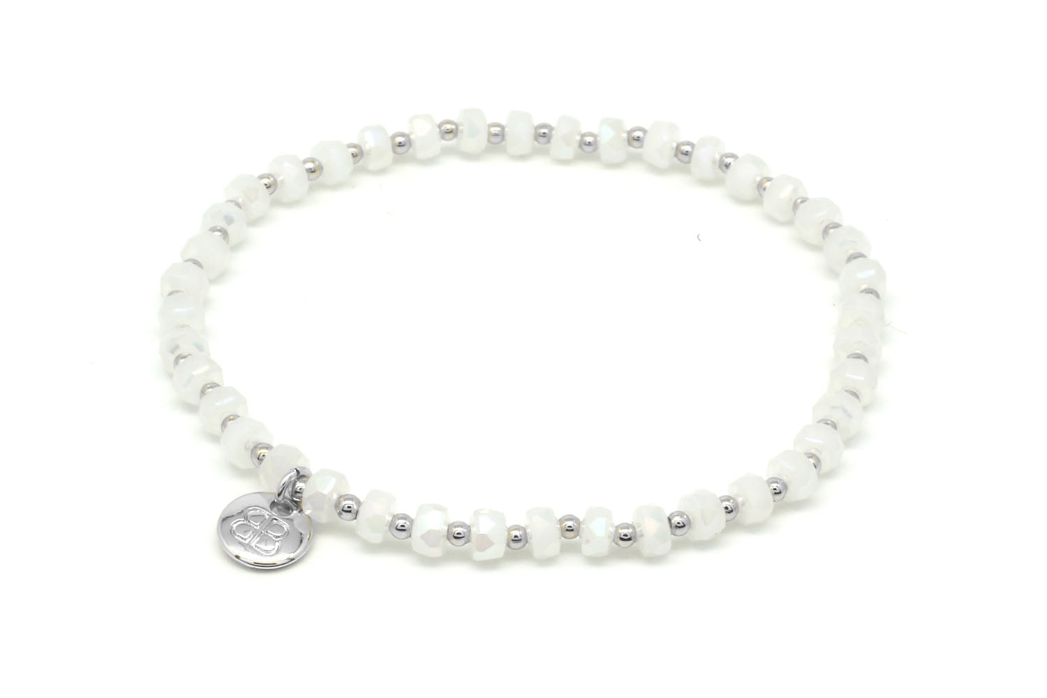 Boho Betty Punus white crystal stretch bracelet with silver accents and logo