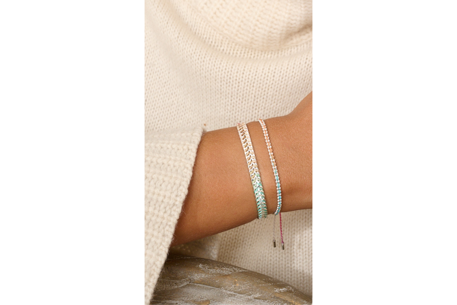Braid Candy Silver Woven Bracelet featured on stacked wrist with other Boho Betty bracelets