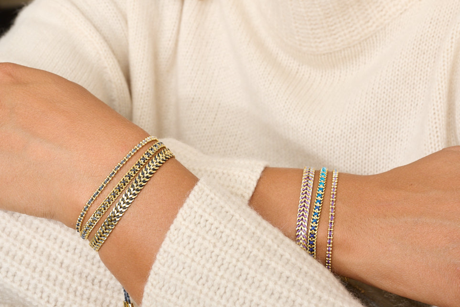 Braid charcoal and gold bracelet featured on wrist with Boho Betty stacking bracelets