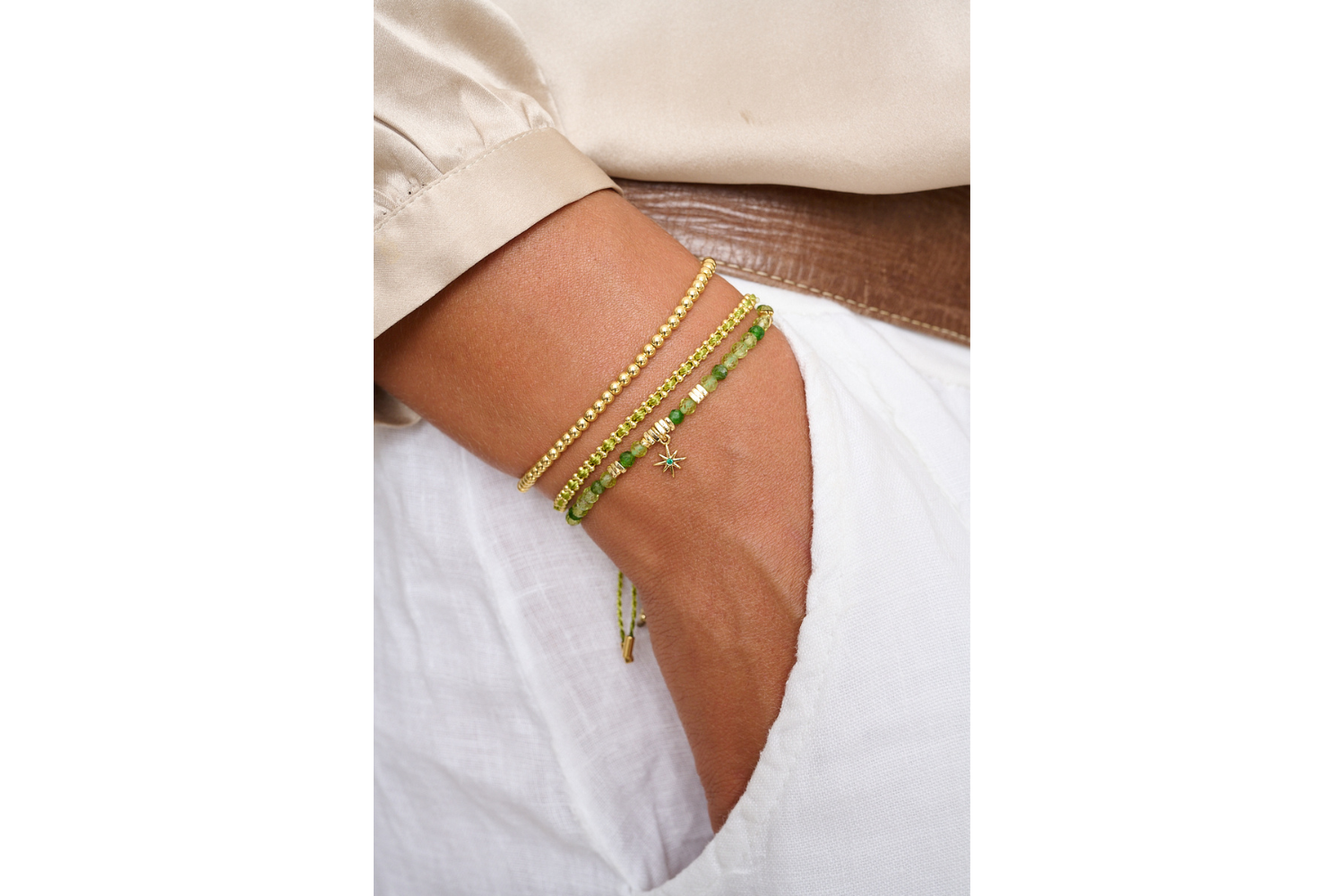 Braid Lime Green & Gold Woven Friendship Bracelet styled on the wrist, showcasing its bold lime-green hues, golden accents, and effortlessly chic boho-luxe design.