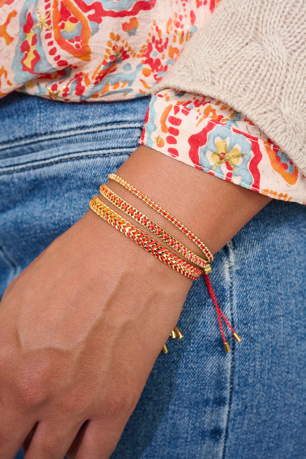 Braid Sunset Gold Woven Bracelet featured on stacked wrist with other Boho Betty bracelets