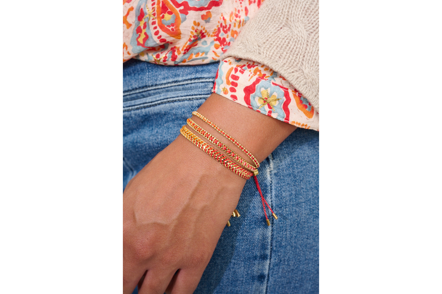 Braid Sunset Gold Woven Bracelet featured on stacked wrist with other Boho Betty bracelets