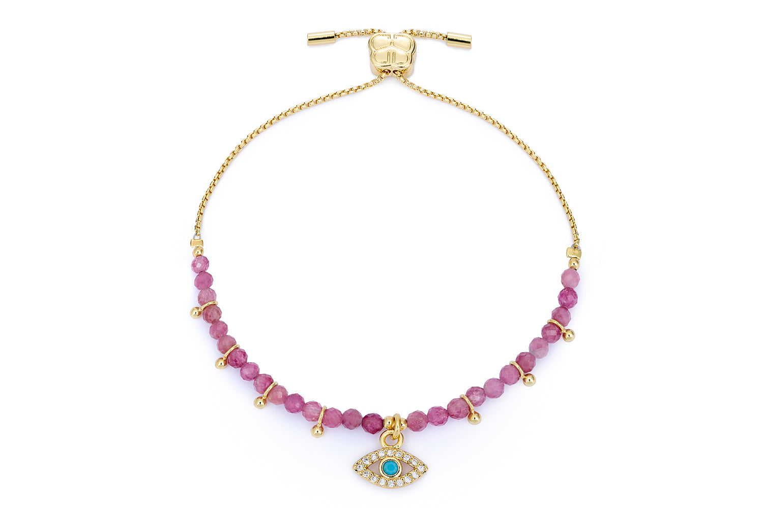 Brela Gold & Pink Tourmaline Charm Bracelet featuring faceted pink tourmaline beads, 12k gold-plated accents, and a turquoise-set evil eye charm on an adjustable slider fastening.