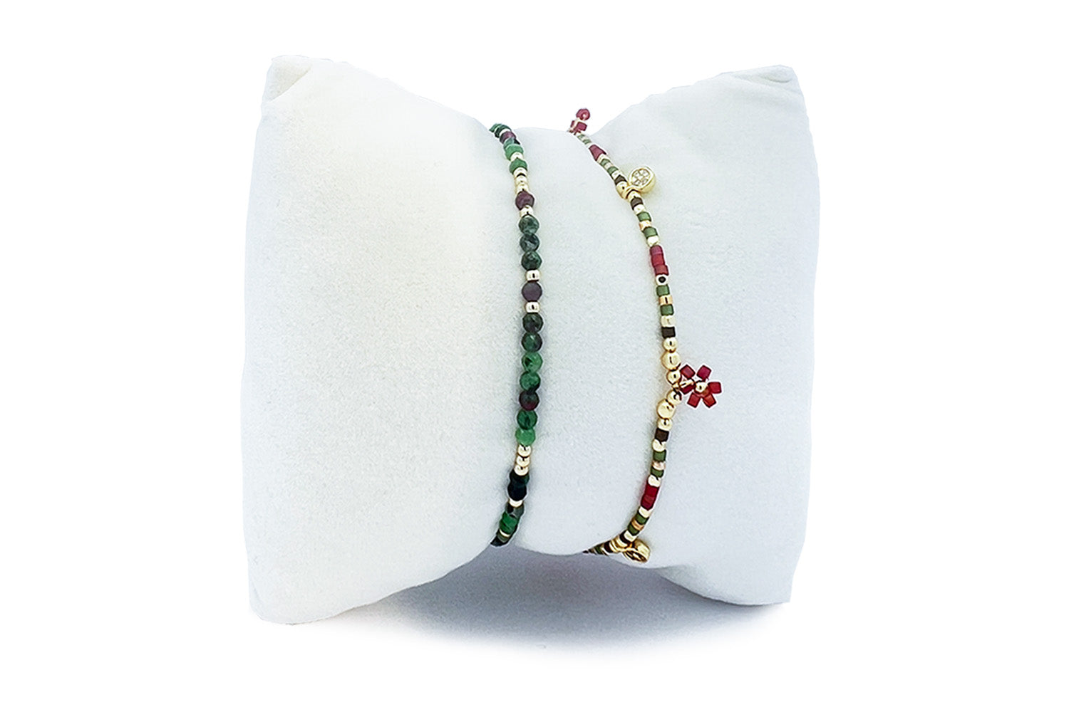 Cabra Gold & Ruby Zoisite Bead Bracelet Stack with Lilias faceted ruby zoisite stretch bracelet and Rania red-green floral friendship bracelet, gold accents