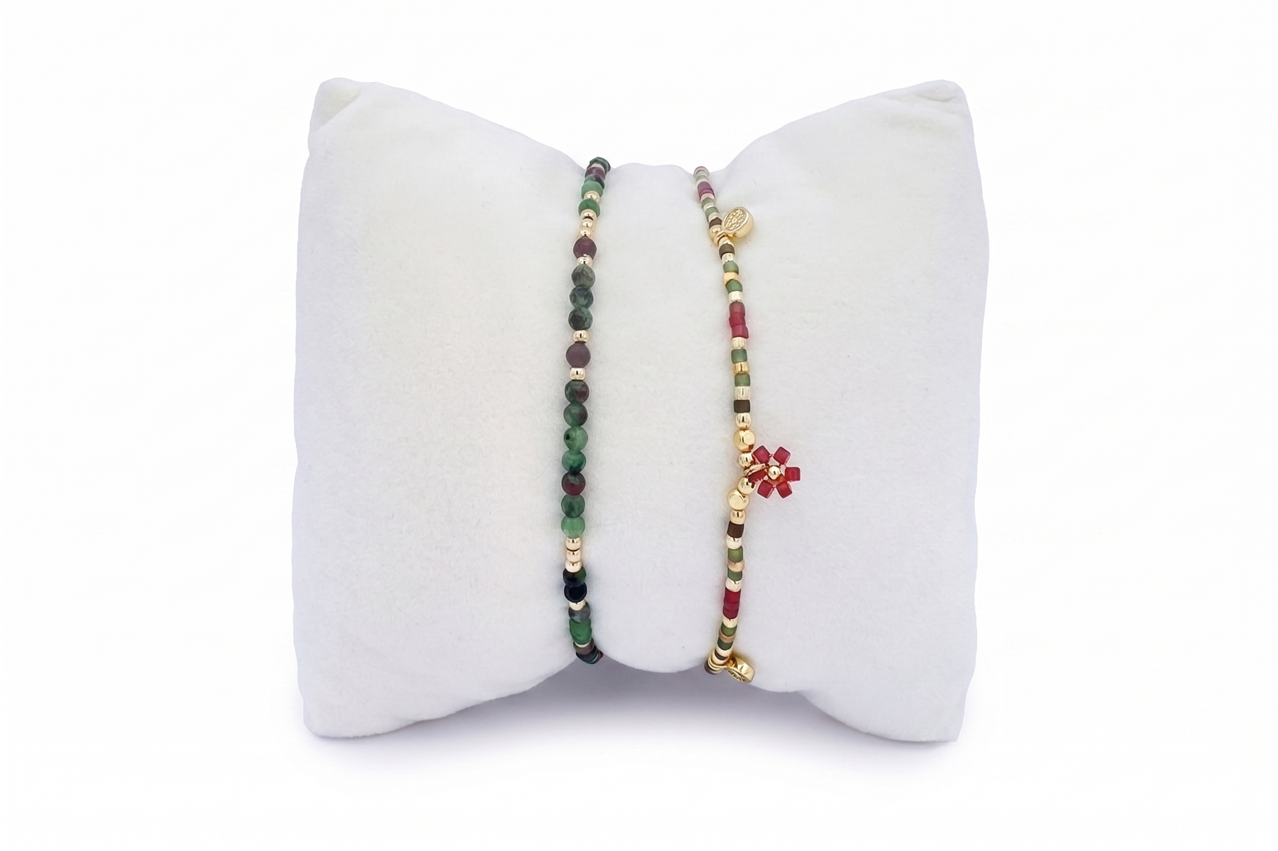 Cabra Gold & Ruby Zoisite Bead Bracelet Stack with Lilias faceted ruby zoisite stretch bracelet and Rania red-green floral friendship bracelet, gold accents