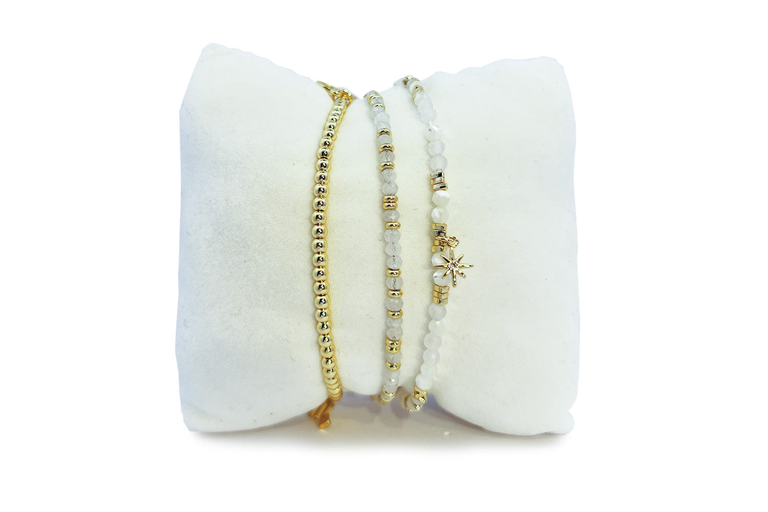Cacata Rainbow Moonstone & Gold Stacking Bracelets, soft white and gold gemstone trio with moonstone and mother of pearl.