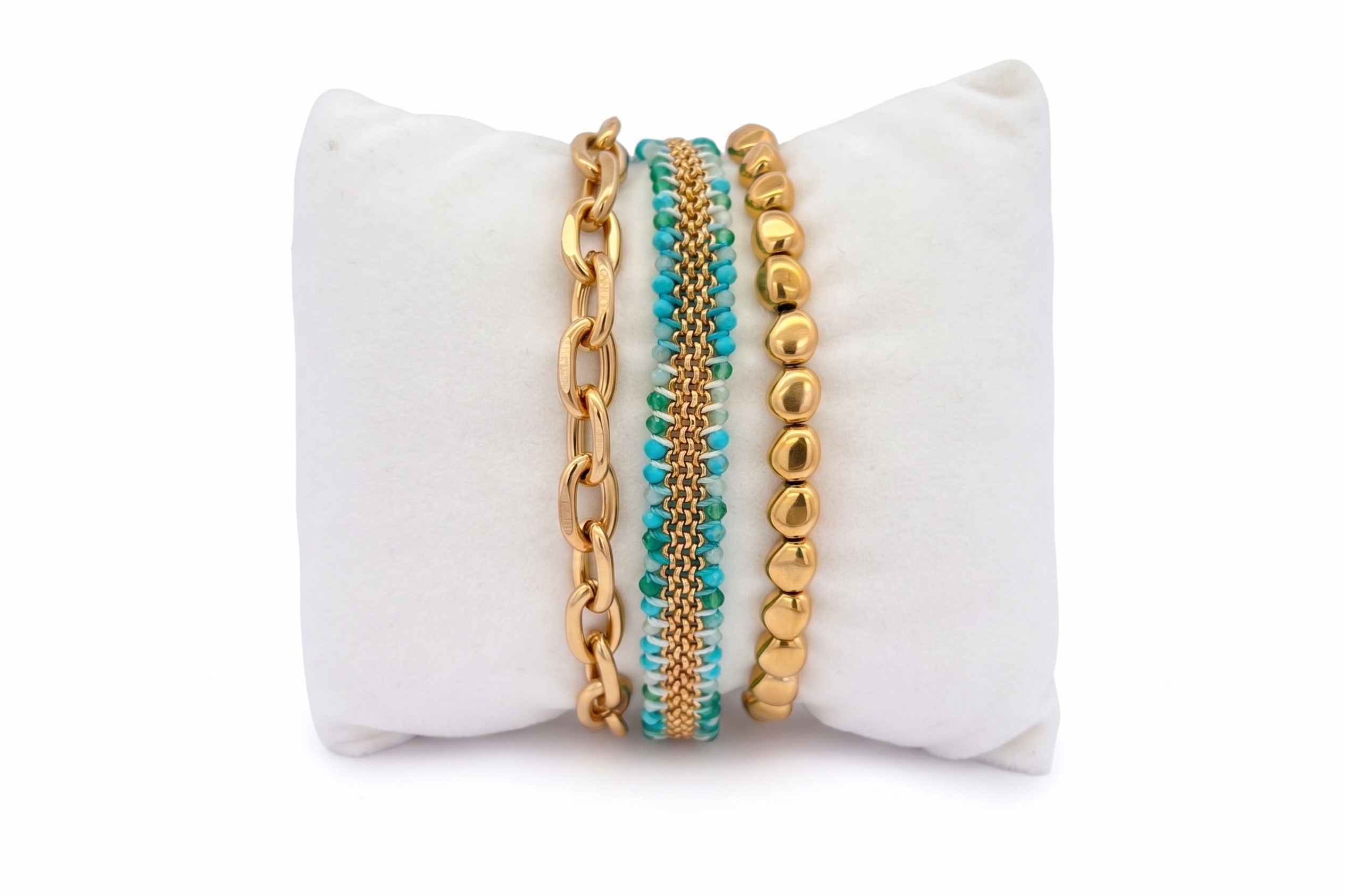 Caicos Amazonite and Gold Bracelet Stack featuring layered amazonite gemstone bracelets, chunky gold chain details and polished gold textures in a bright boho-inspired design.