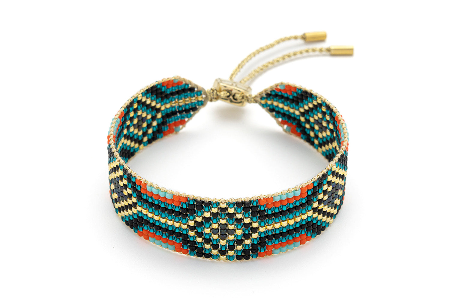 Camila Teal & Gold Beaded Cuff Bracelet featuring handwoven Miyuki beads in teal, coral, black and gold with an adjustable 12k gold-plated slider fastening.