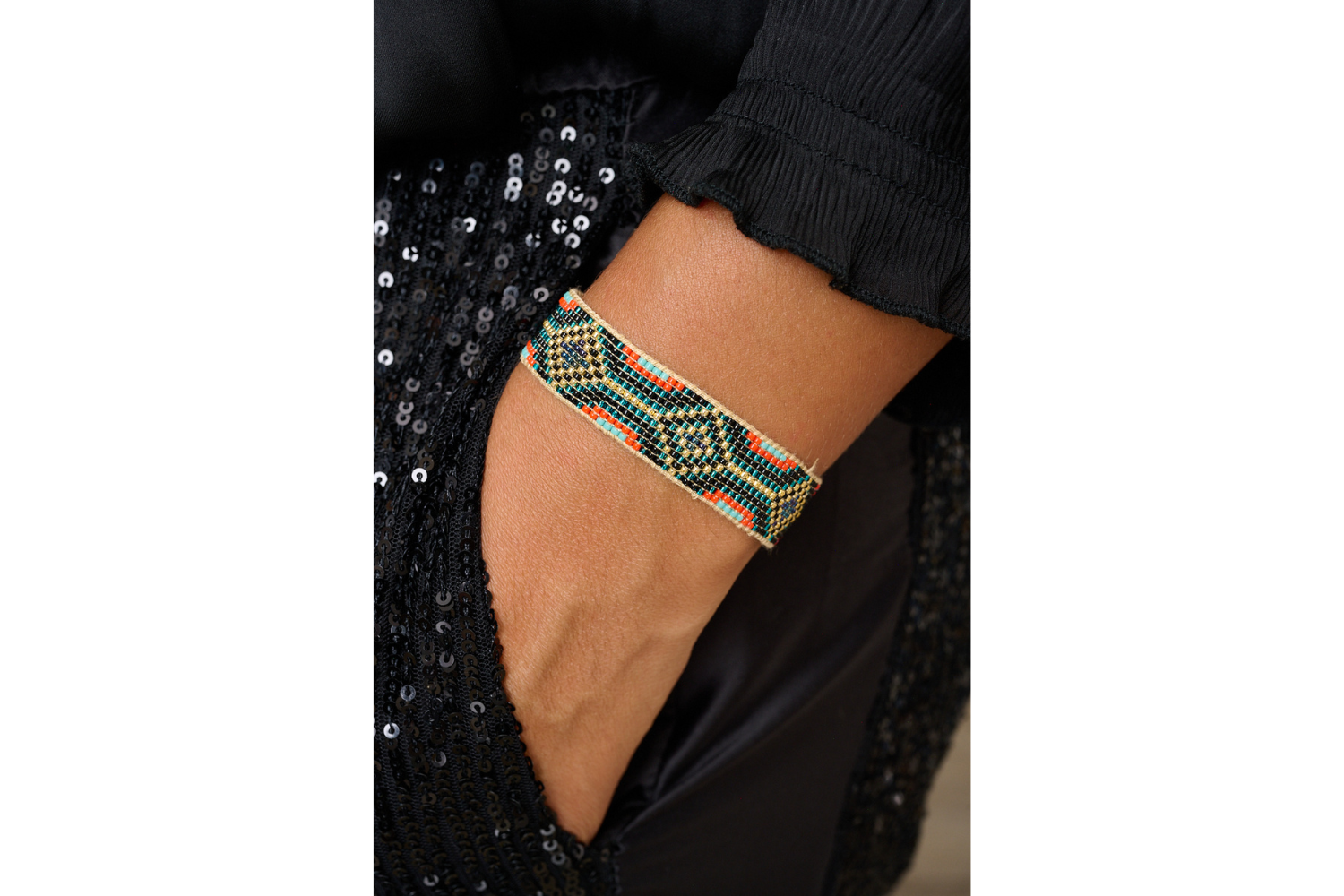 Camila Teal & Gold Beaded Cuff Bracelet styled on wrist with layered gold accessories, perfect for statement stacking and vibrant summer looks.