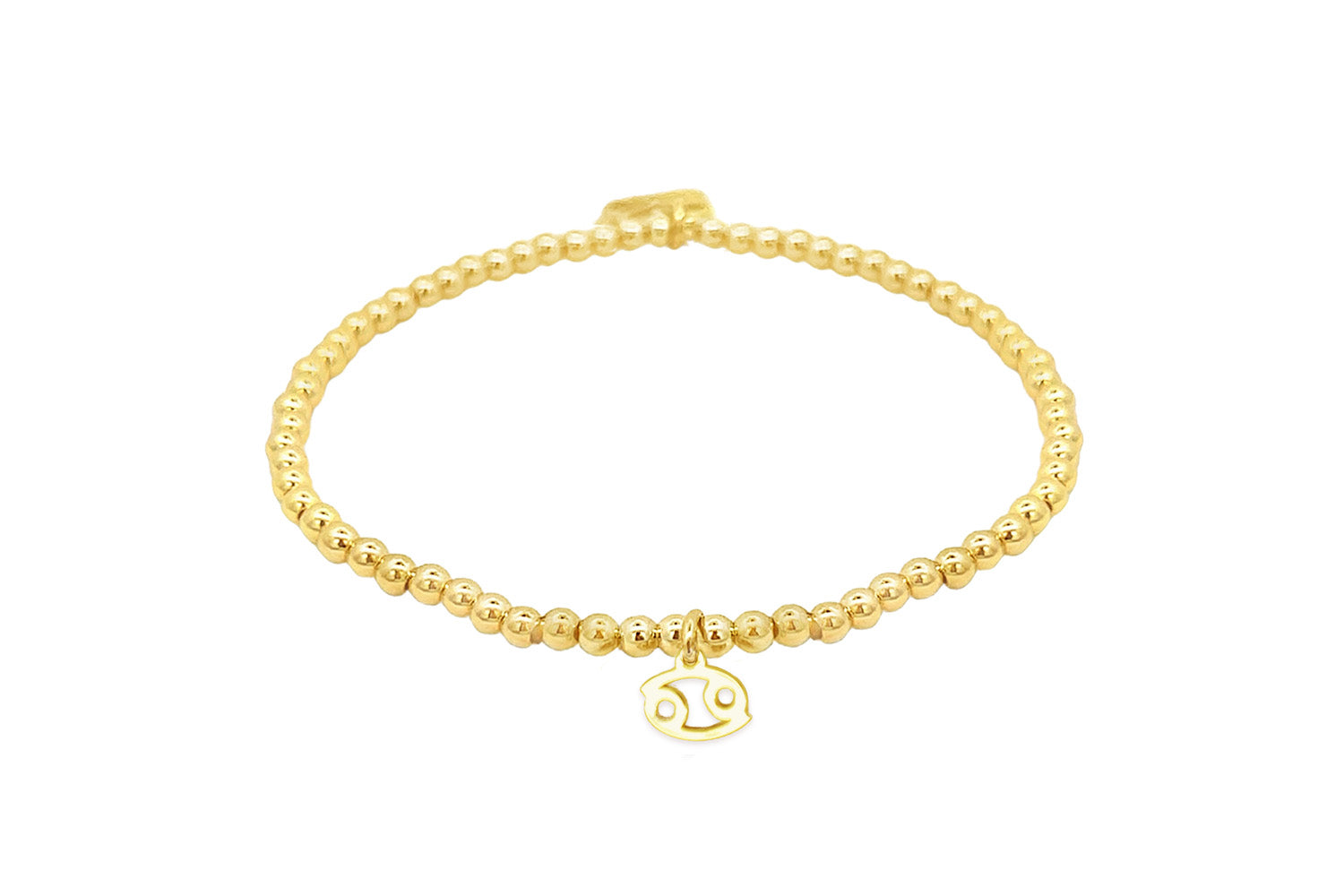 Gold stretch bead bracelet featuring a polished Cancer zodiac charm and Boho Betty signature tag, designed for astrology lovers.