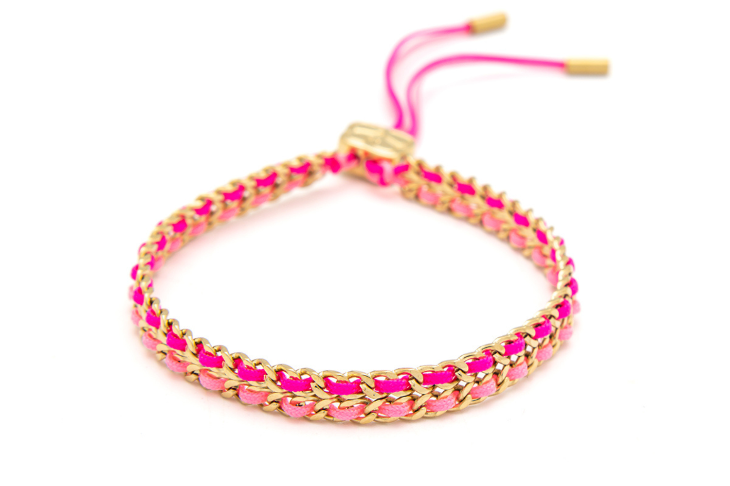 Cari magenta and pink woven friendship bracelet with gold chain detailing and adjustable slider fastening.