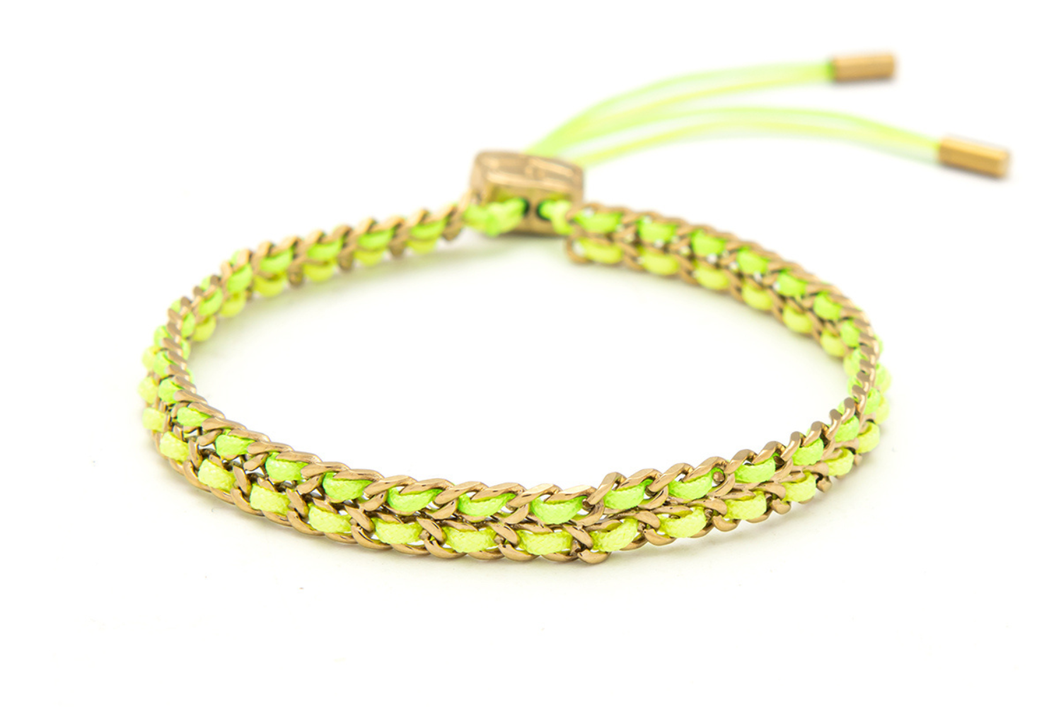 Cari neon lime woven friendship bracelet with bright green threads and gold chain detailing with adjustable slider fastening.