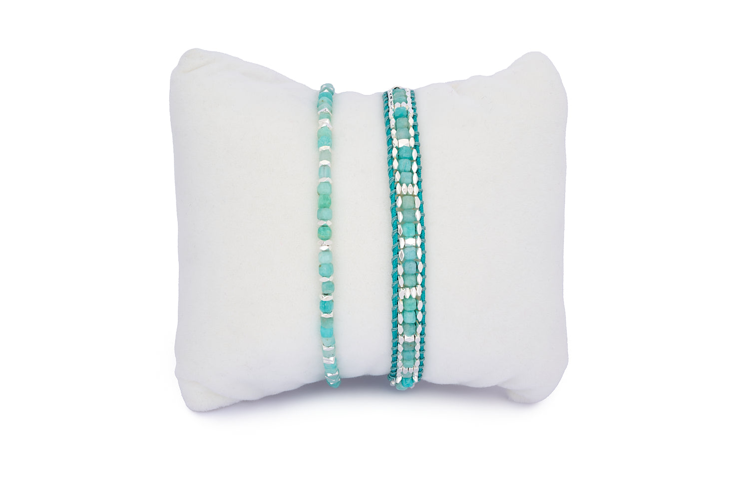 Celeste Amazonite & Silver Bracelet Stack featuring two aqua-toned bracelets with silver-plated accents and Amazonite beads, styled for calm and clarity.
