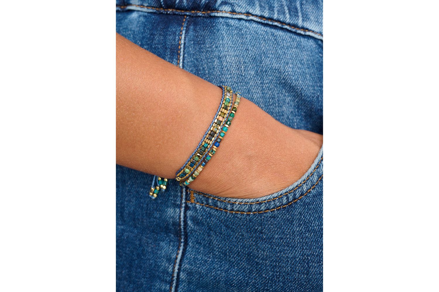 Celeste Azurite & Gold Bracelet Stack styled with natural textures and golden light, perfect for February birthdays and mindful gifting.