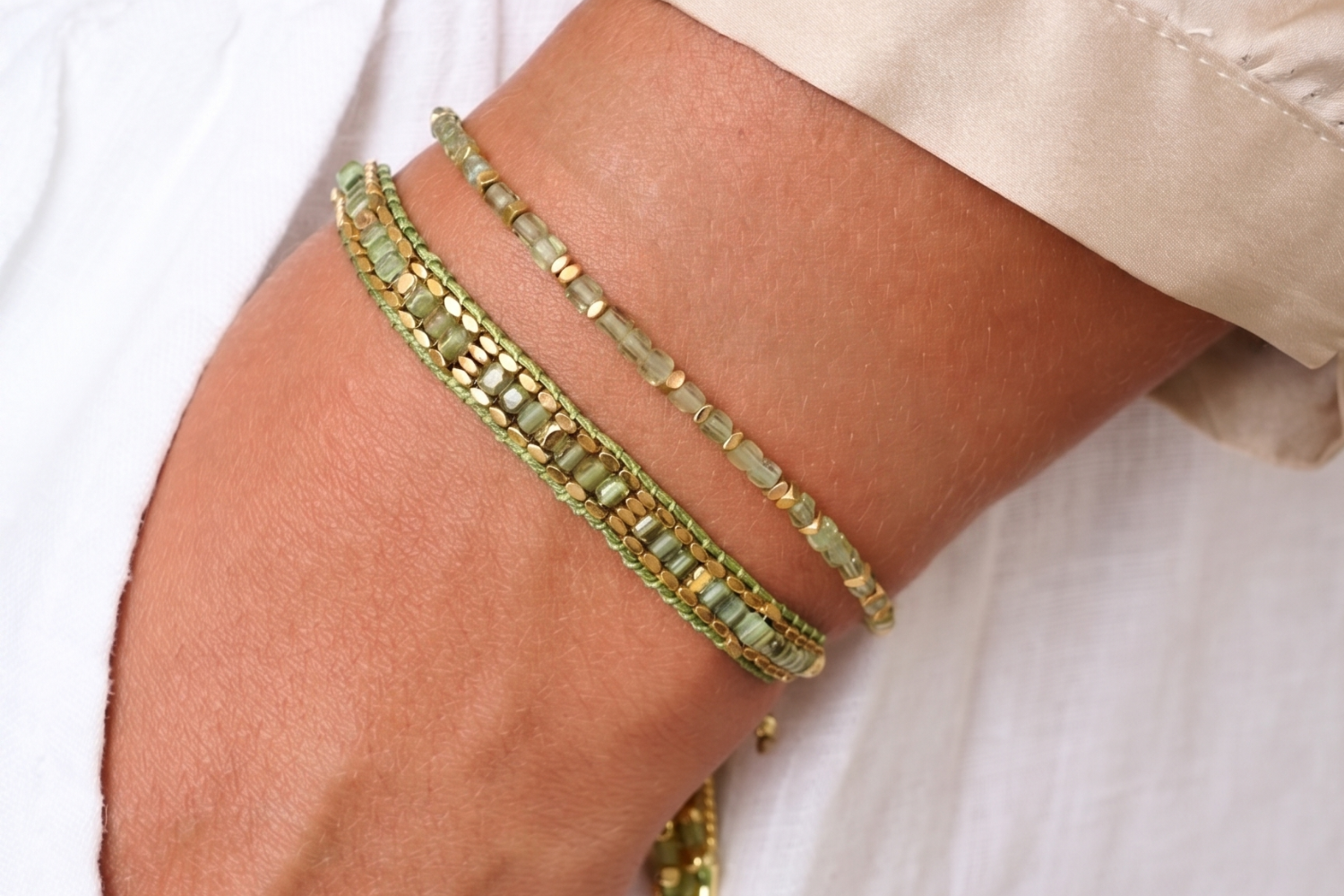 Celeste Green Apatite Gold Bracelet Stack styled with delicate gold accents and soft green gemstones for a dreamy, earthy, and elegant boho look.