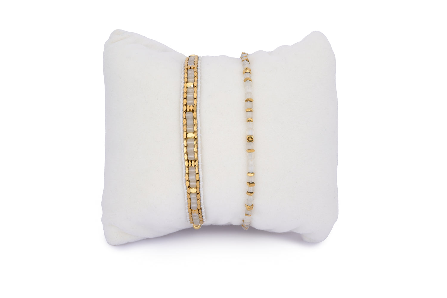 Celeste Rainbow Moonstone & Gold Bracelet Stack featuring two delicate gold bracelets with glowing rainbow moonstone beads and boho-luxe charm.