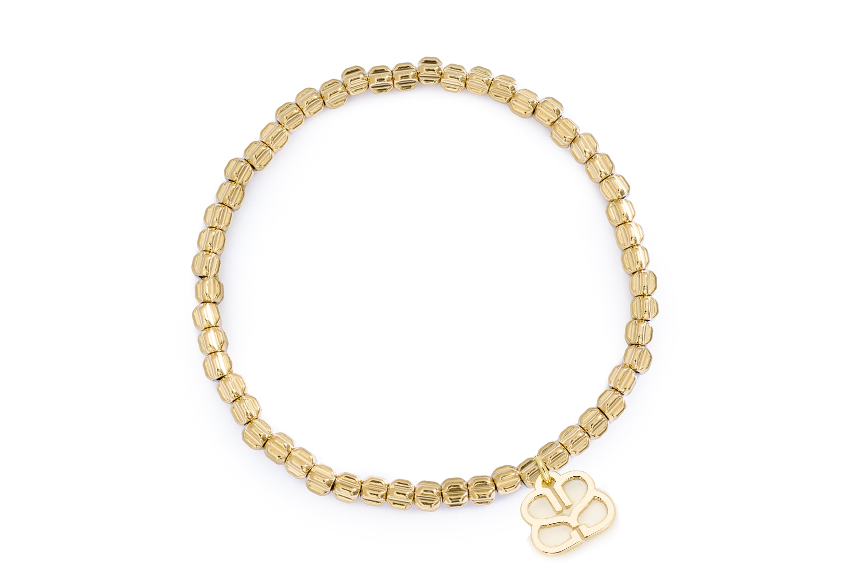 Celine Gold Stretch Bead Bracelet featuring softly textured gold beads, Boho Betty’s iconic filigree charm, and an 18cm stretch design for effortless layering and everyday styling.