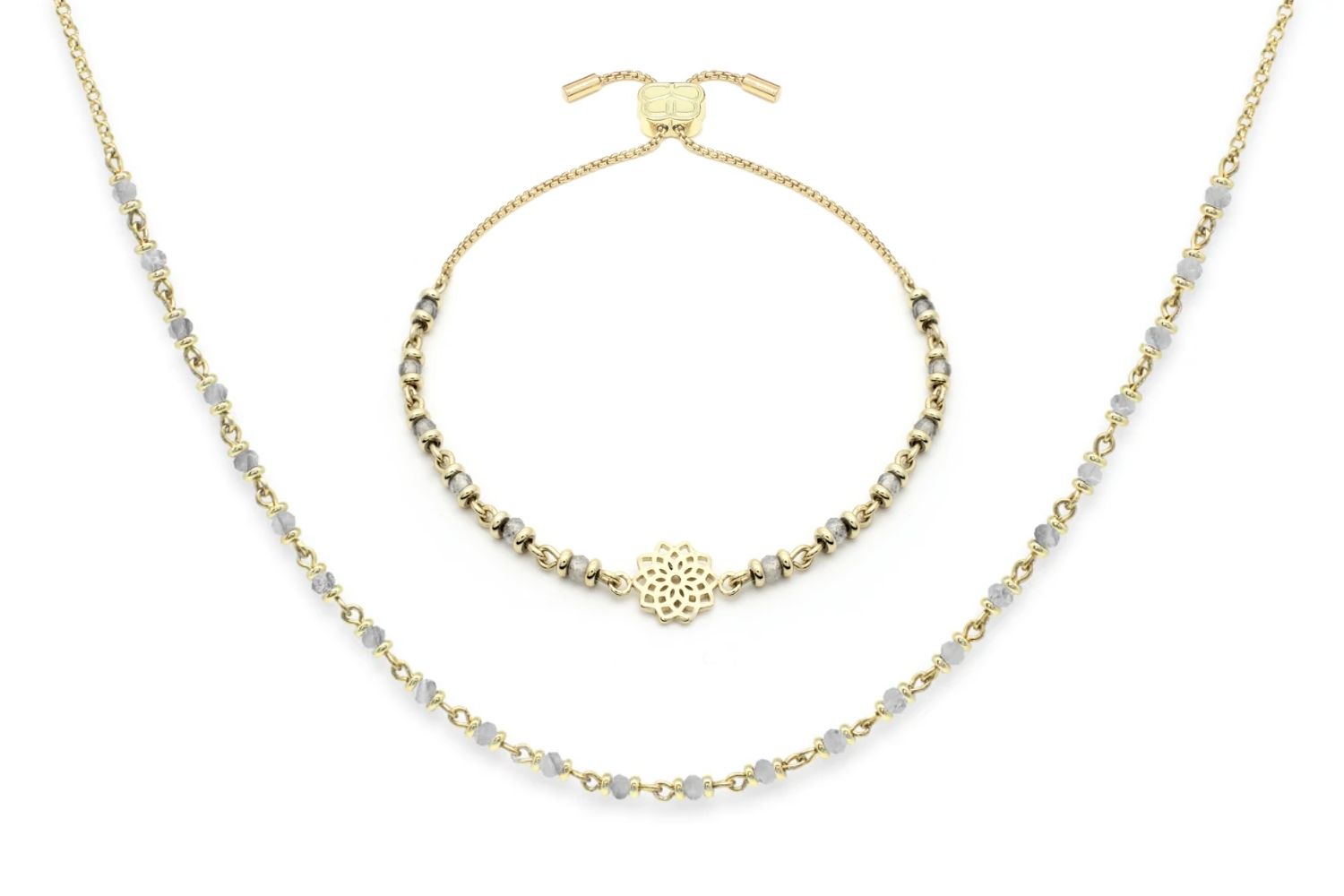 Chakra Labradorite Gold Necklace and Bracelet Set featuring shimmering labradorite gemstones, intricate gold filigree Crown Chakra detailing, and 12k gold-plated accents. Perfect for gifting or stylish layering.