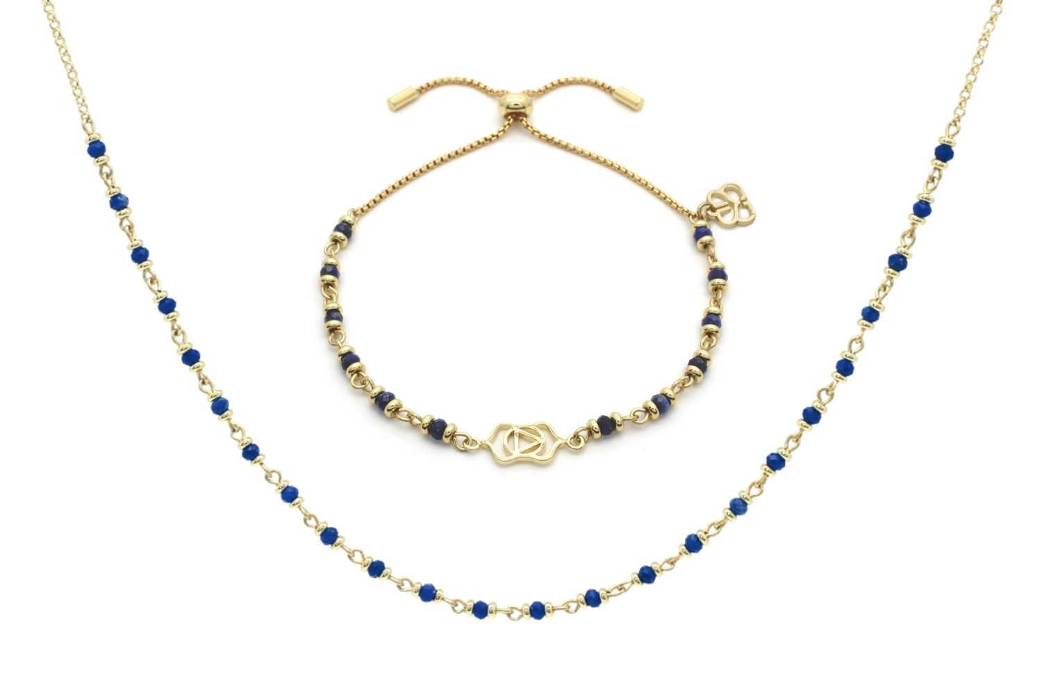 Chakra Lapis Lazuli Gold Necklace and Bracelet Set featuring celestial blue Lapis Lazuli gemstones and intricate 12k gold-plated detailing, ideal for layering or standalone styling.