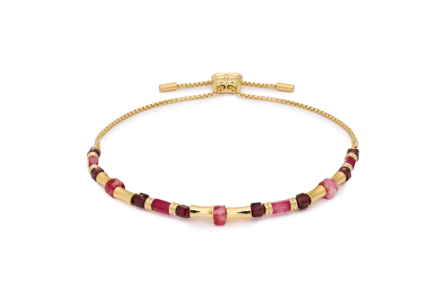 Chiara Gold & Garnet Bead Slider Bracelet with faceted red gemstones and 12k gold-plated tube beads in an adjustable slider design.