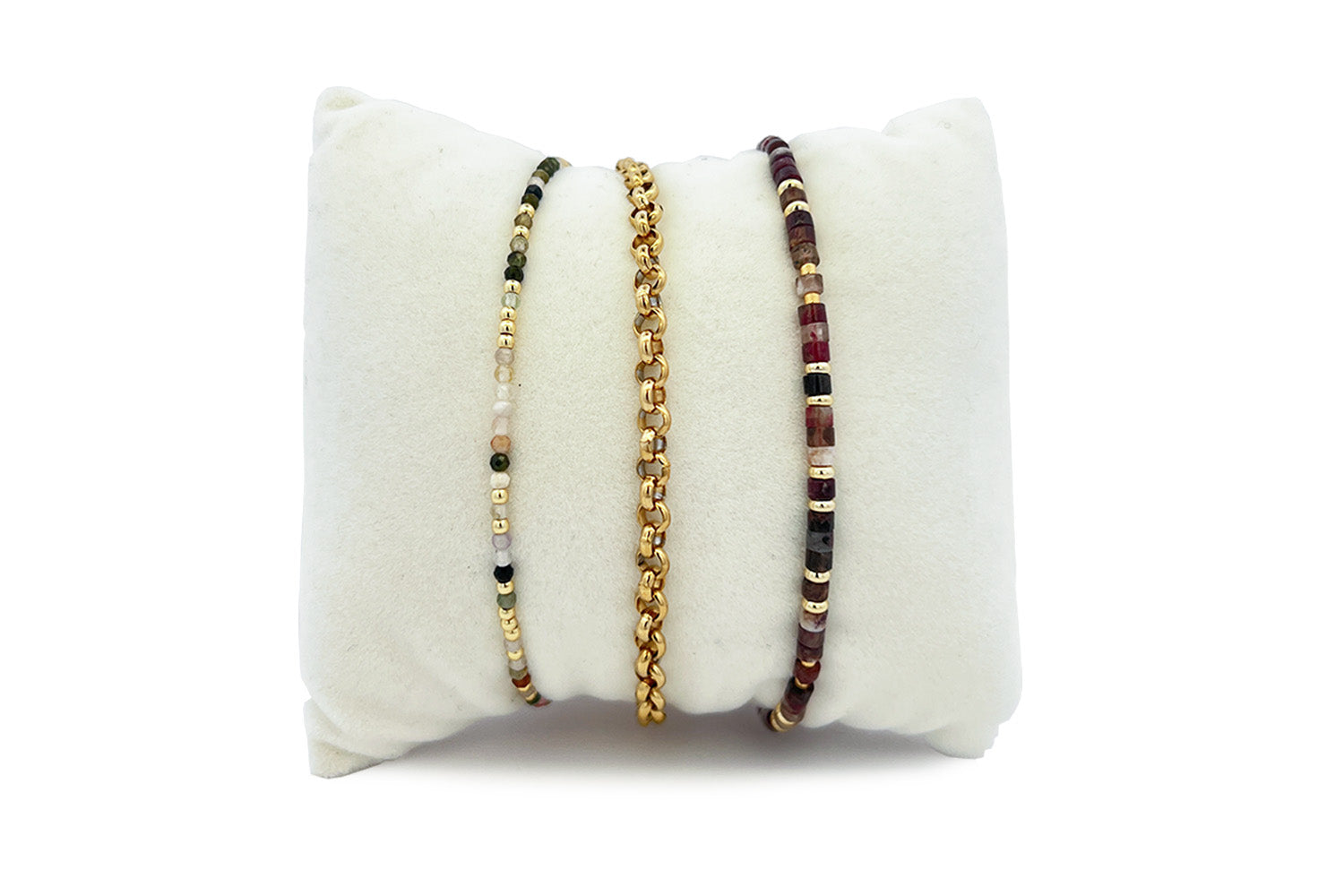 Chira Tourmaline & Gold Stacking Bracelet Set, rolo gold chain with cube-cut and faceted tourmaline bracelets in berry tones