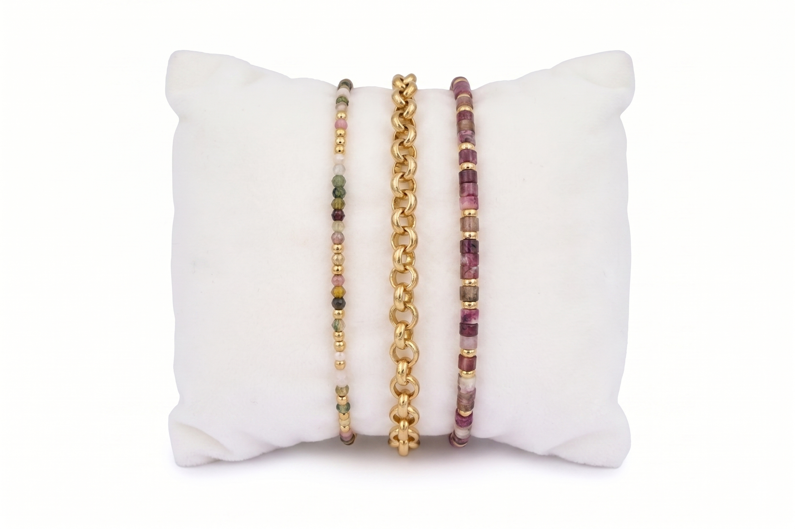 Chira Tourmaline & Gold Stacking Bracelet Set, rolo gold chain with cube-cut and faceted tourmaline bracelets in berry tones