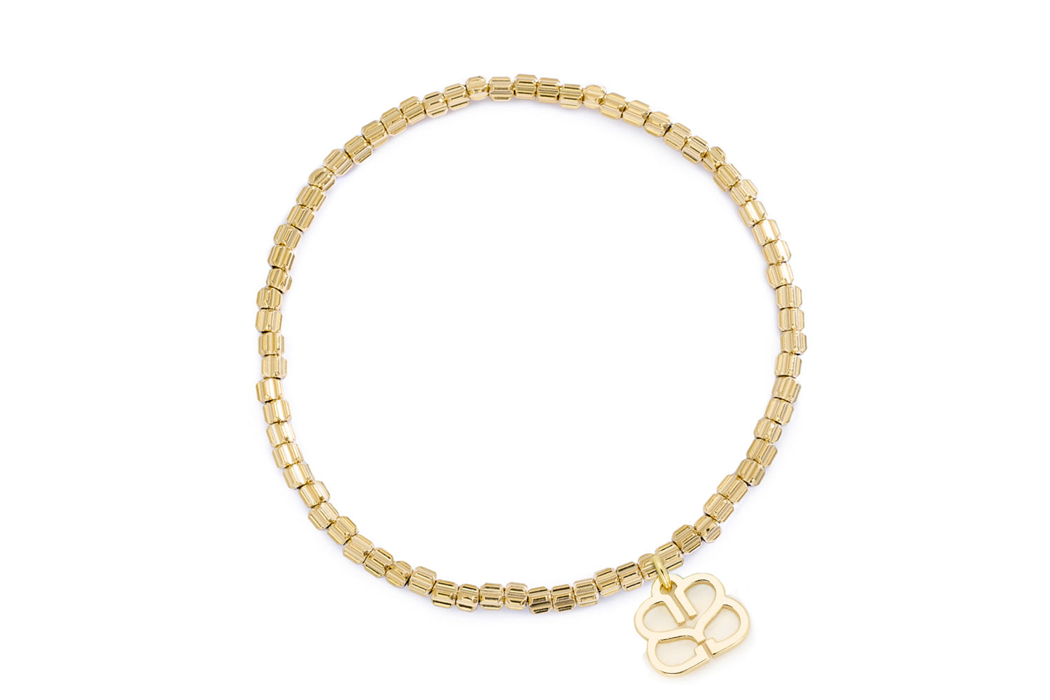 Clara Gold Stretch Bead Bracelet featuring polished textured gold beads, Boho Betty’s iconic filigree charm, and an 18cm stretch design for effortless stacking and everyday wear.