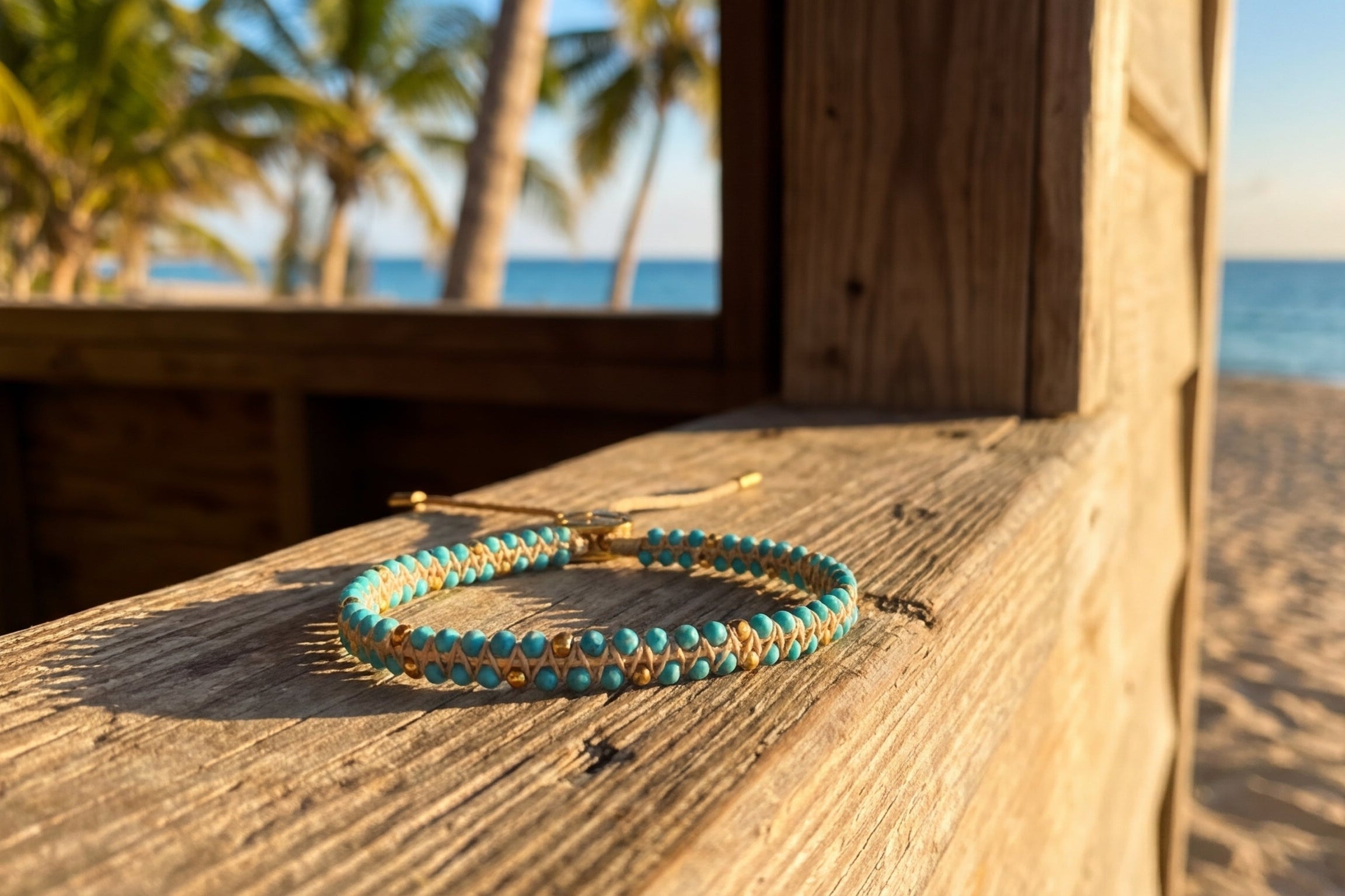 Product shot of the Cordelia Gold & Turquoise Braided Bracelet capturing a lively summer beach atmosphere.