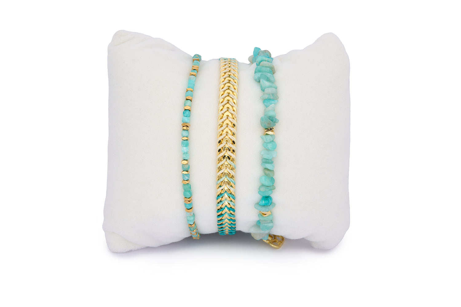 Coron Amazonite & Gold Bracelet Stack featuring three boho-inspired bracelets—one gold-beaded with Amazonite, one turquoise ombré braid, and one with raw-cut crystal chips.