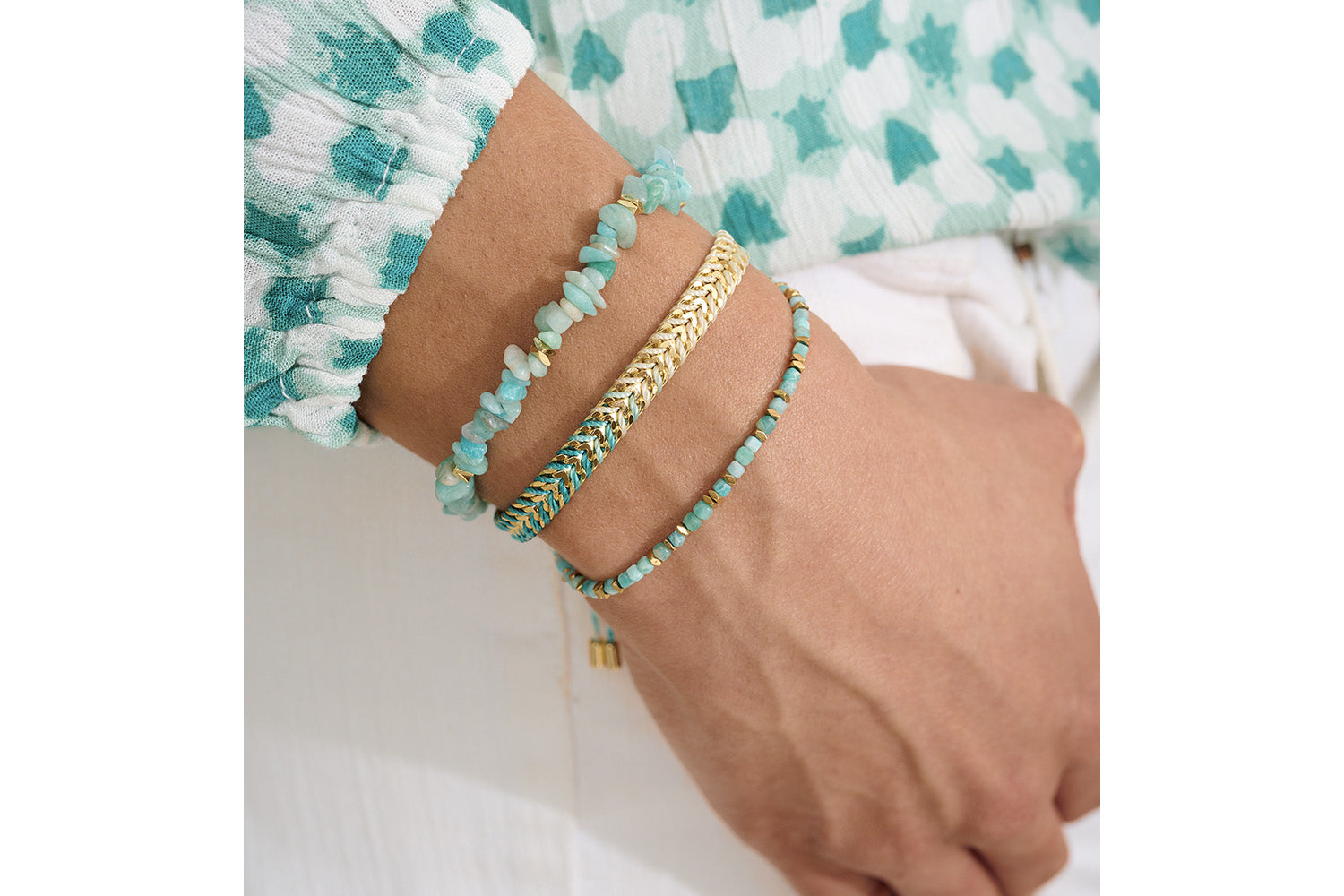 Coron Amazonite & Gold Stacking Bracelet styled with beachwear and golden accessories for a sun-kissed, adventurous look.