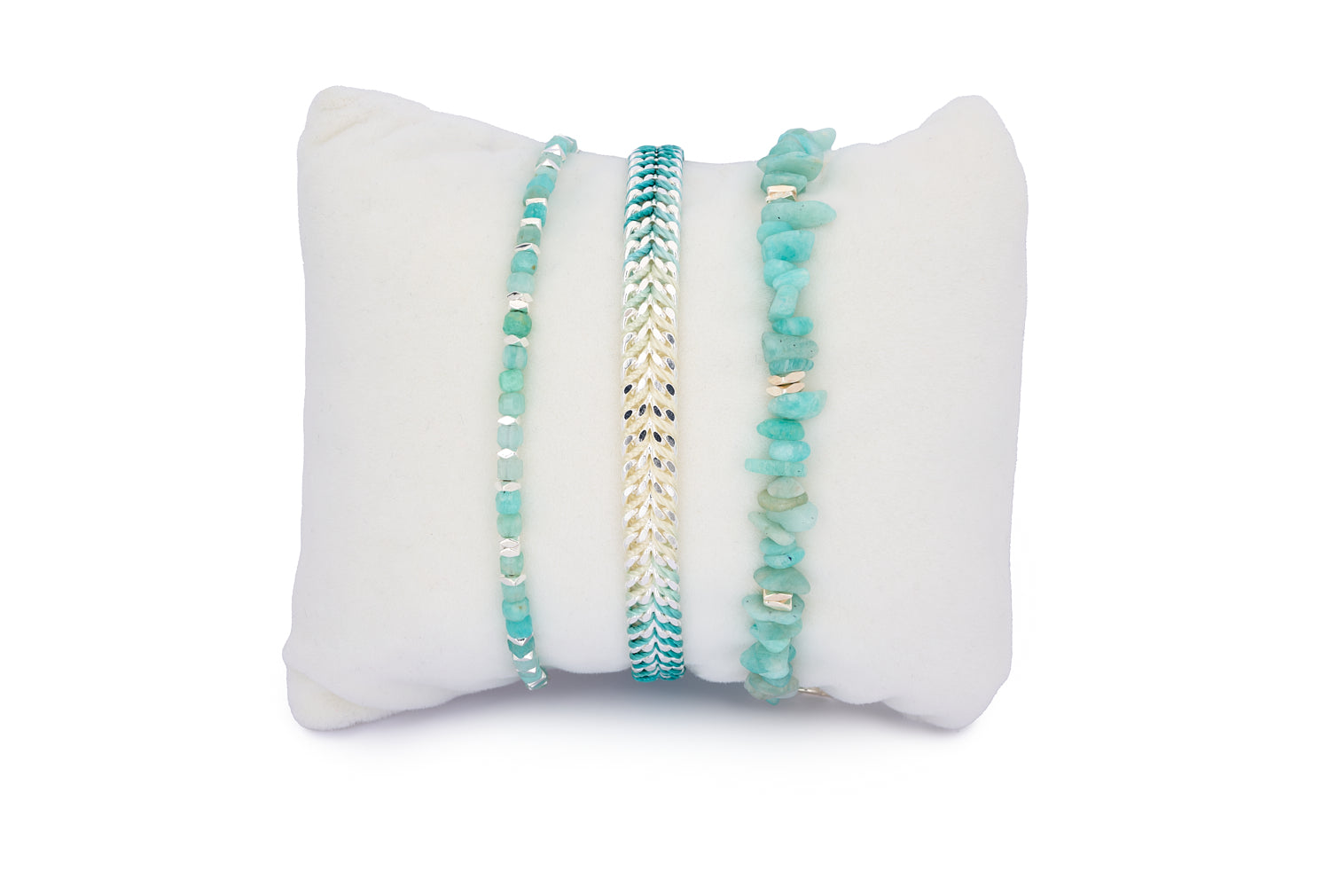 Coron Amazonite & Silver Bracelet Stack featuring Amazonite chips, ombré woven thread, and faceted beads with silver-plated accents in a calming trio.