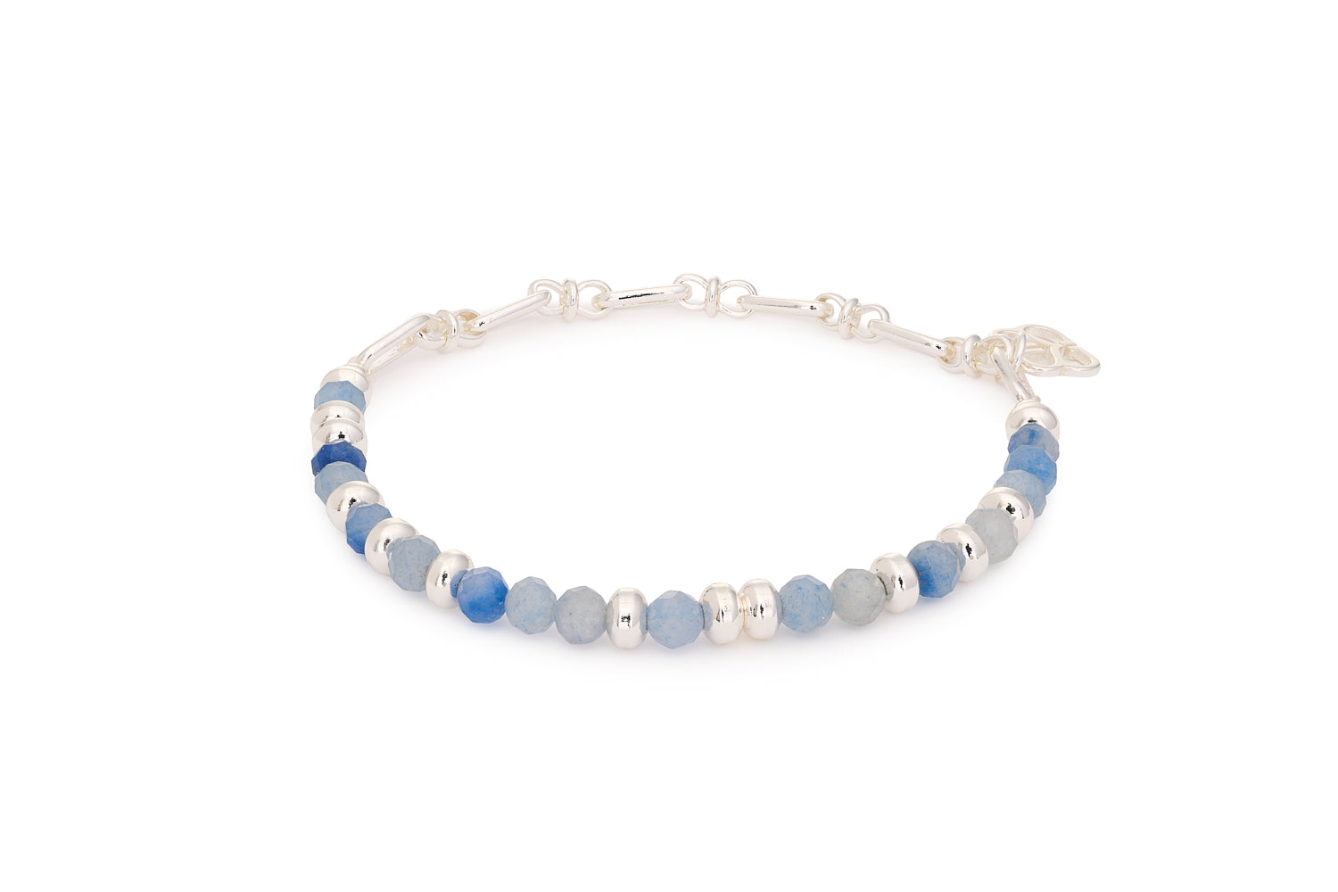 Dahlia Blue Aventurine & Silver Beaded Bracelet with faceted blue gemstones and silver-plated brass beads in an 18cm stretch-fit design.