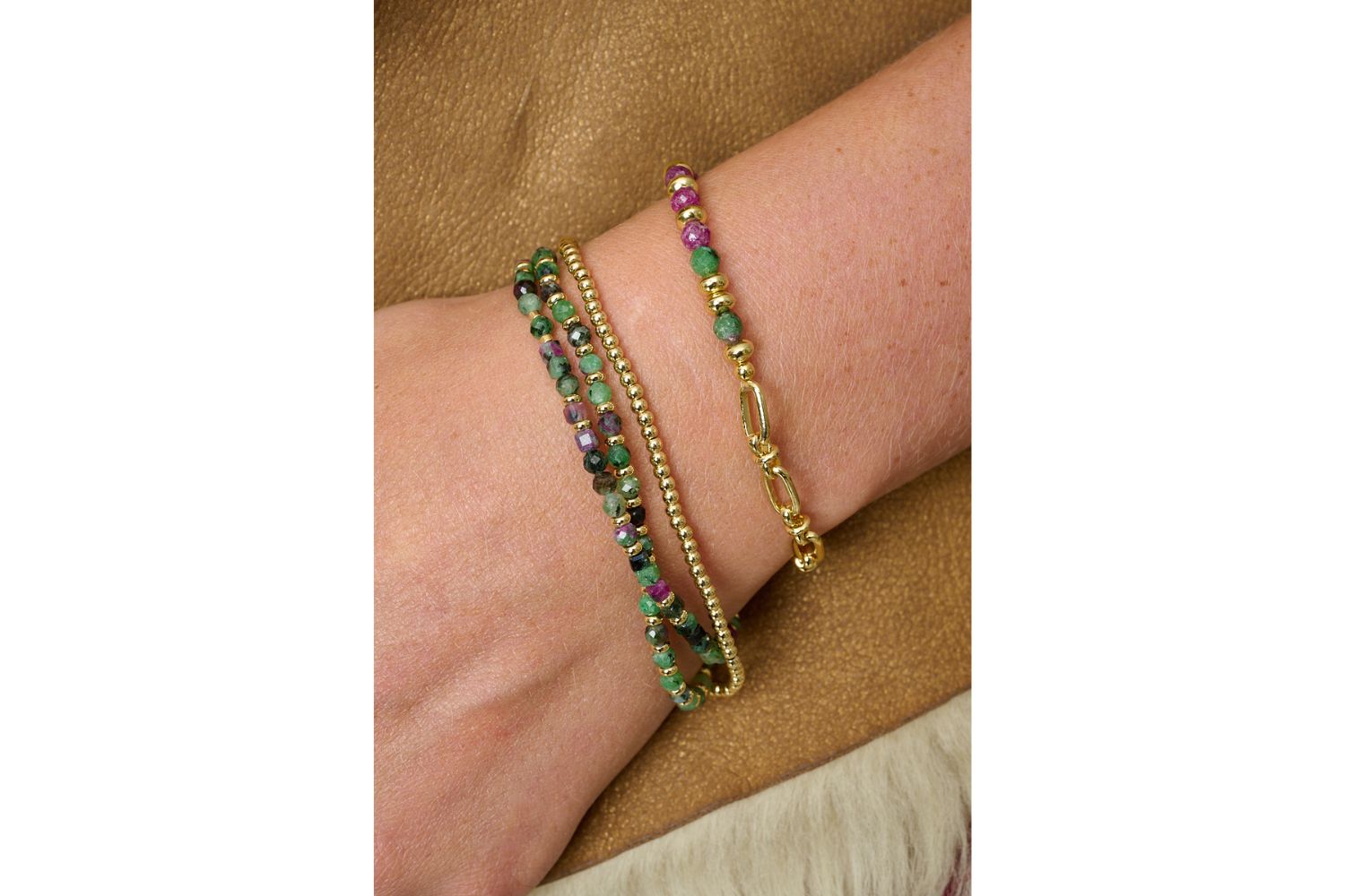 Bracelet featured on wrist with Boho Betty gemstone stack