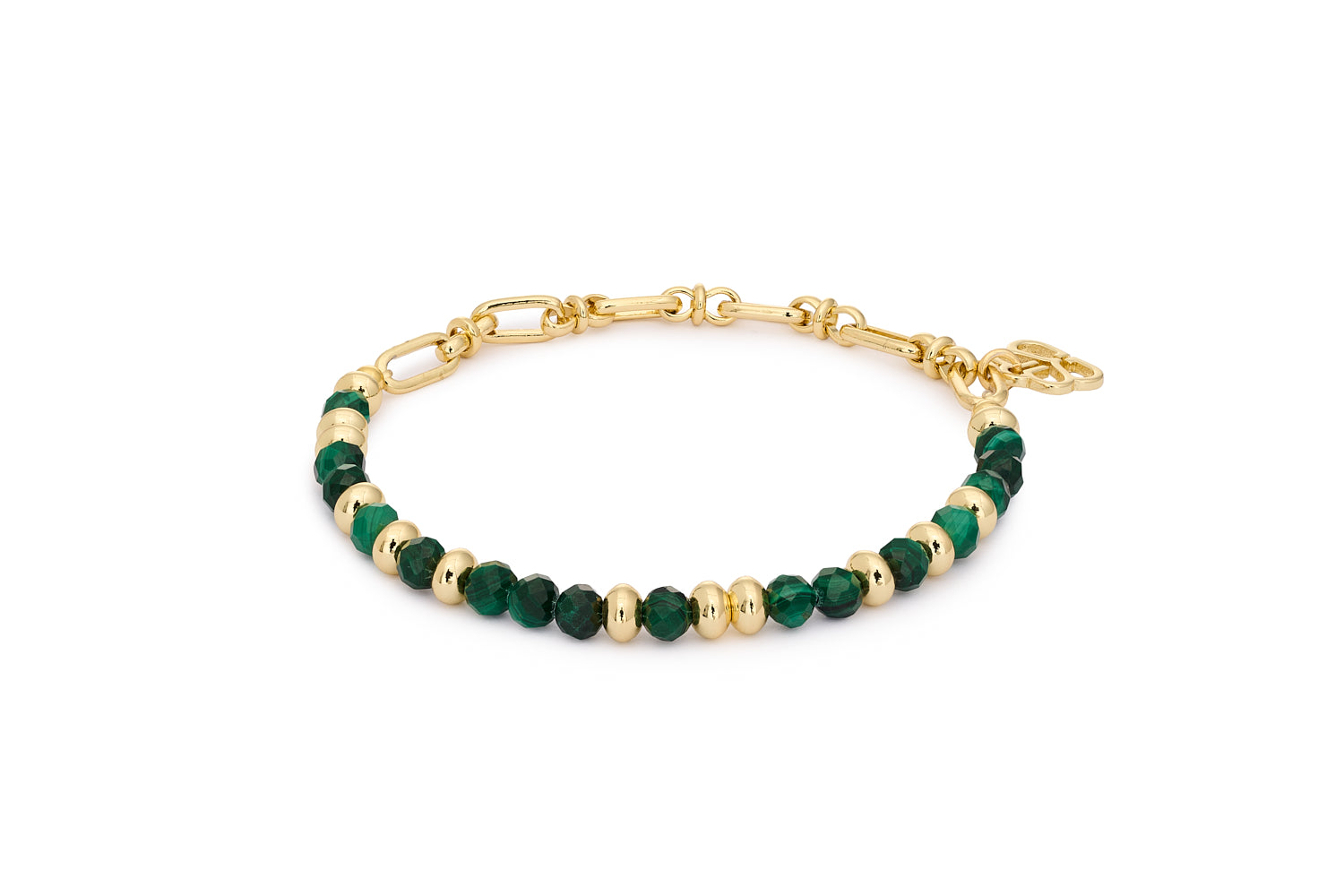 Dahlia Malachite Gold Bracelet with faceted green gemstones, gold-plated beads and chain detail in a stretch design.