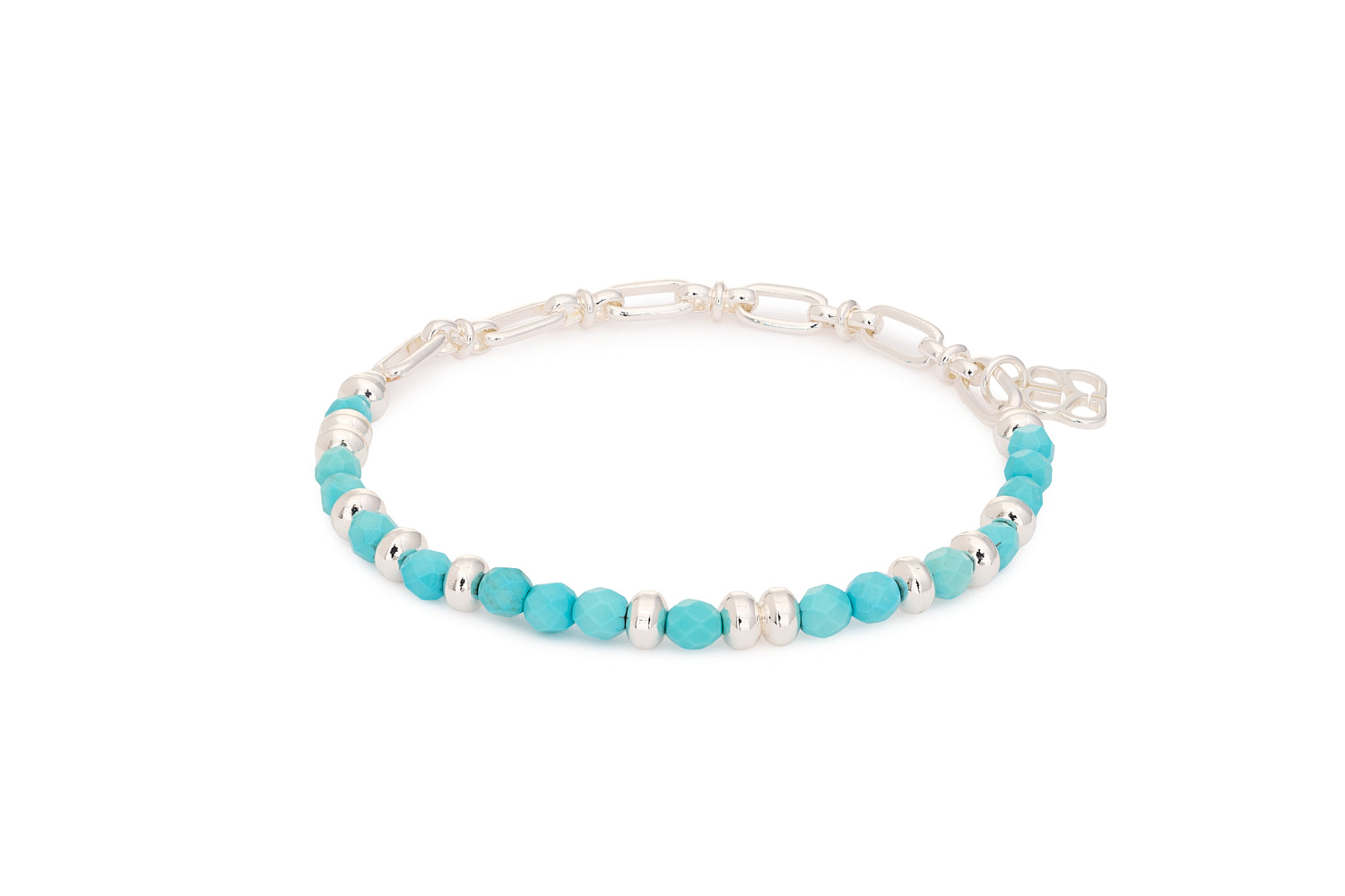 Dahlia Turquoise Howlite & Silver Beaded Bracelet featuring turquoise gemstones with silver-plated brass beads and a duo chain and bead design, 18cm stretch fit.