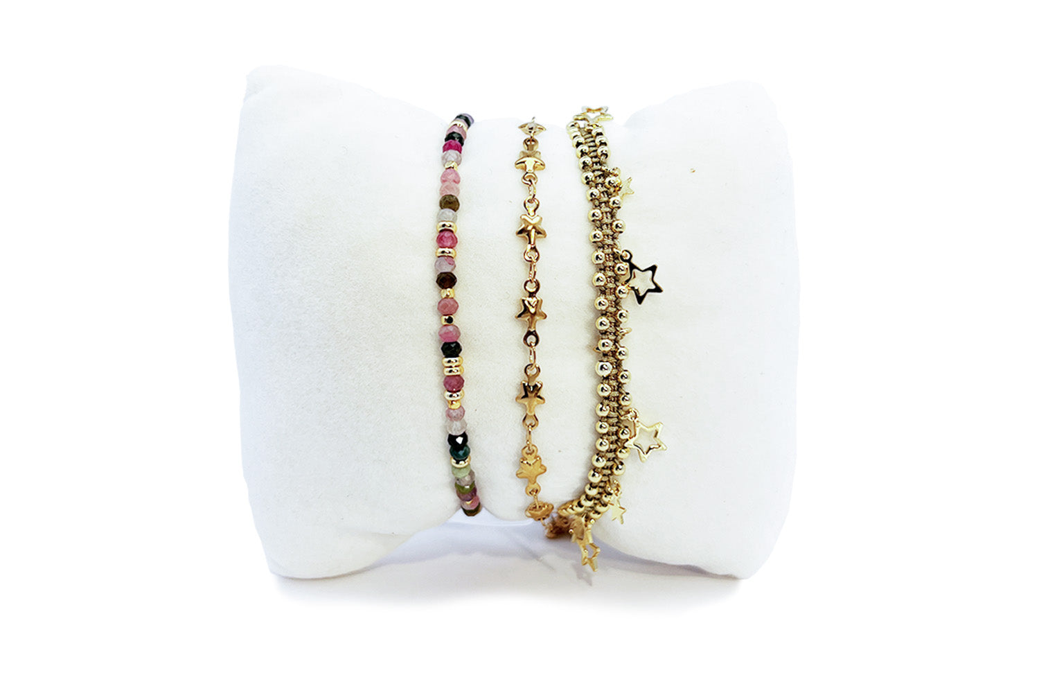 Damas Tourmaline & Gold Star Stacking Bracelet Set, pink tourmaline bead strand, gold star chain slider and taupe cord star charm bracelet