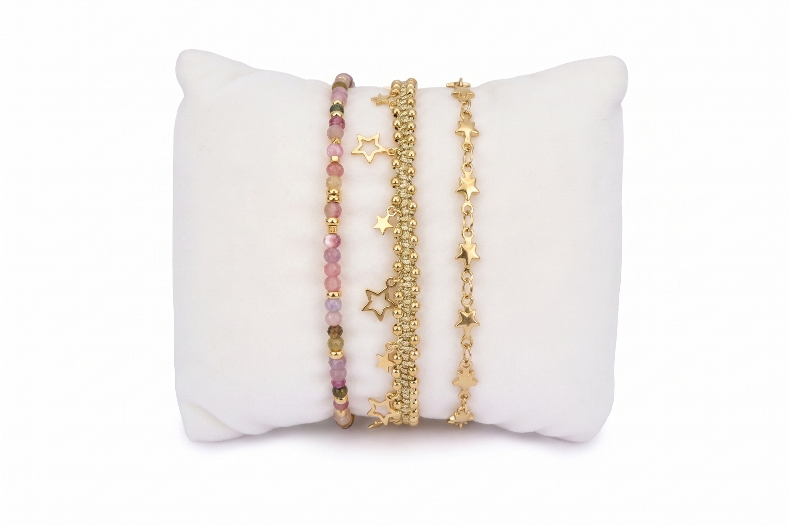 Damas Tourmaline & Gold Star Stacking Bracelet Set, pink tourmaline bead strand, gold star chain slider and taupe cord star charm bracelet