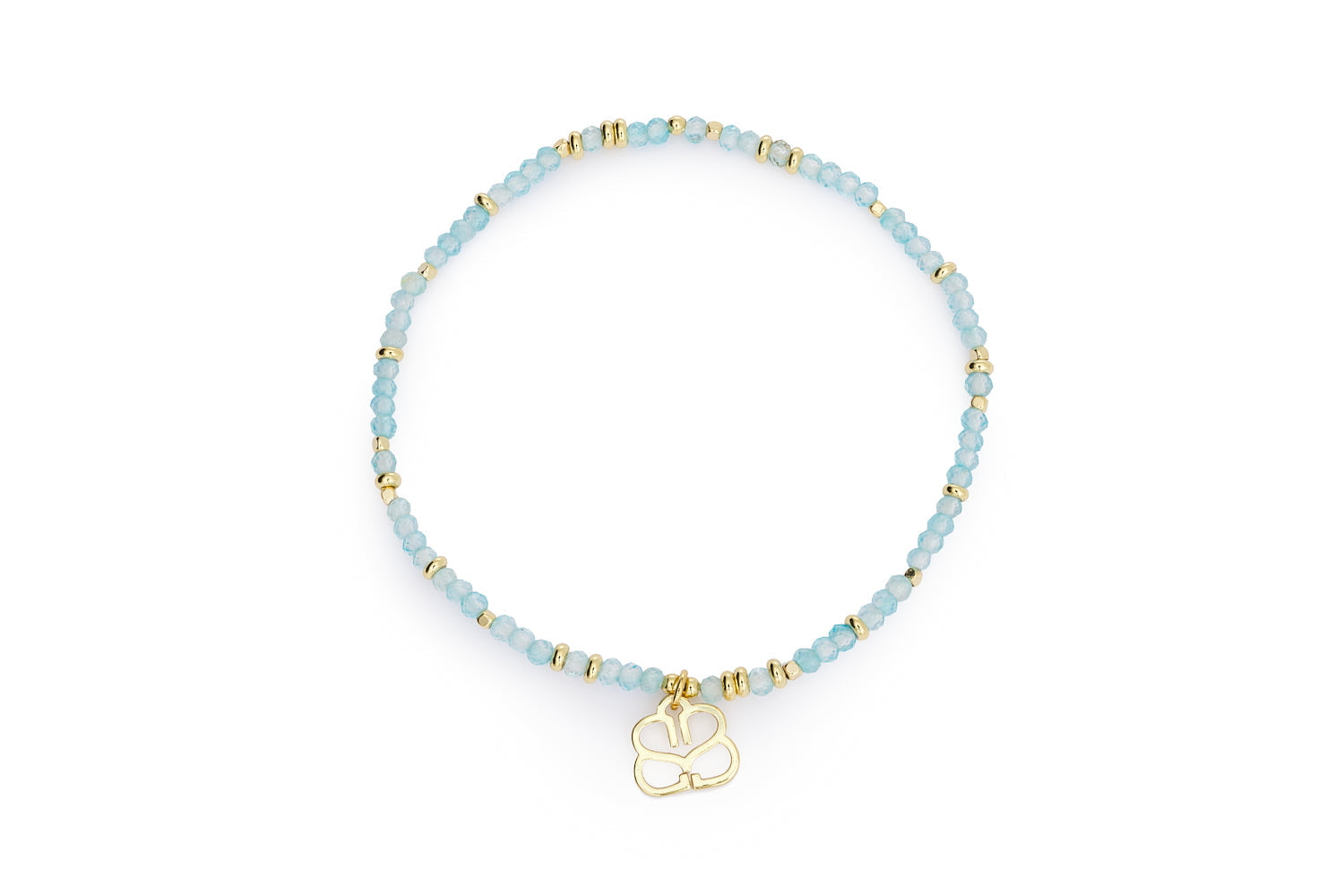 Dash Gold & Blue Topaz Bracelet featuring faceted sea-blue topaz beads and 12k gold-plated brass accents in a comfortable 18cm stretch design.