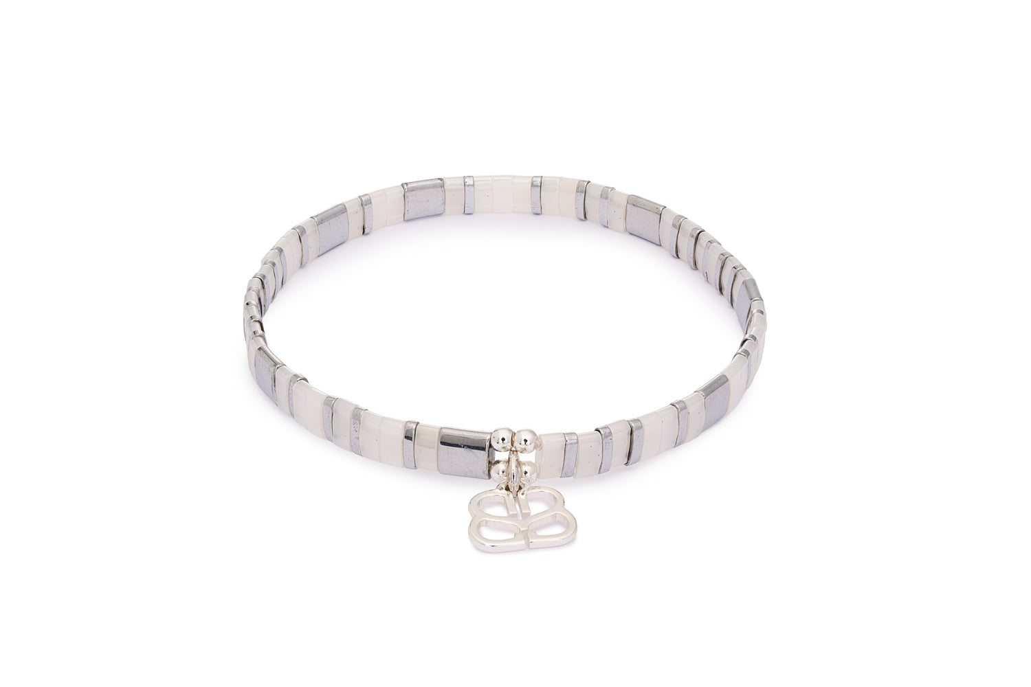 Delicado Silver & White Tila Bracelet with striped silver and white Japanese beads in an 18cm stretch design with Boho Betty charm.