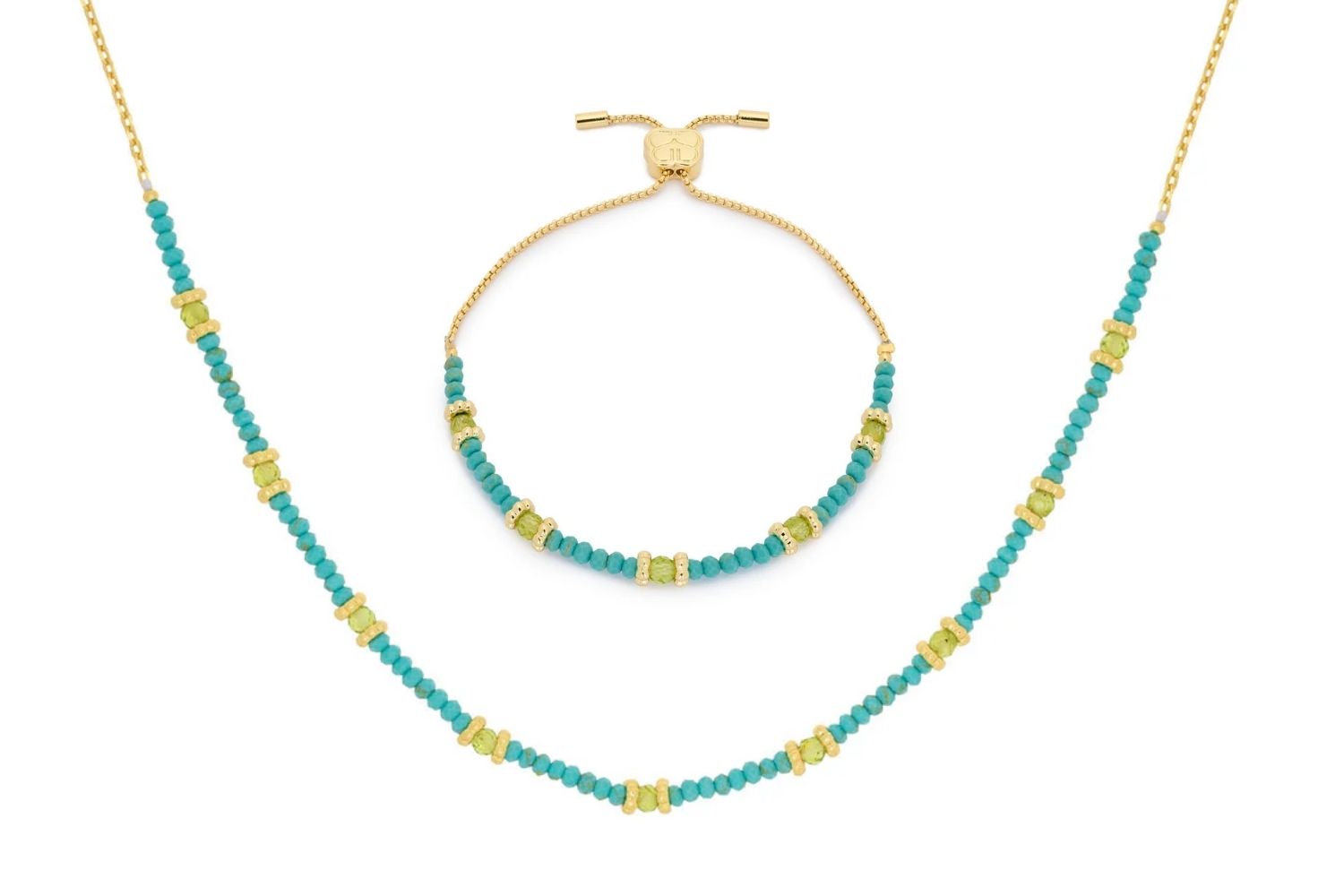 Delight Peridot & Turquoise Necklace and Bracelet Set featuring turquoise and peridot beads with 12k gold-plated accents, perfect for layering or standalone styling.