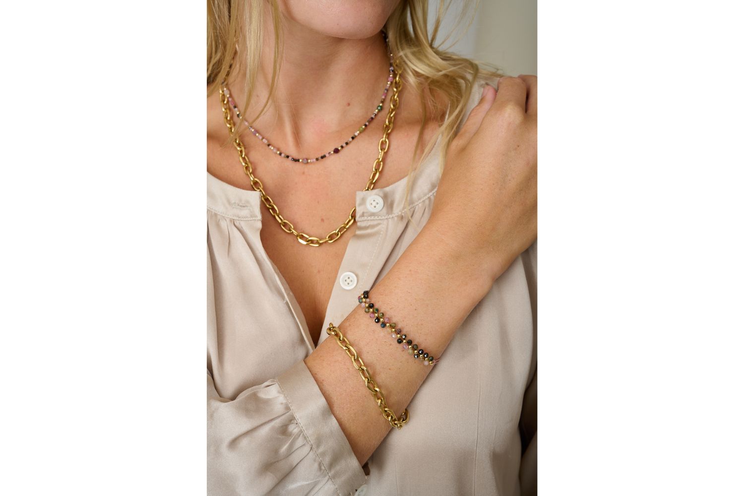 Dione & Nyssa gold chain bracelet and necklace set styled with Boho Betty stacking jewellery