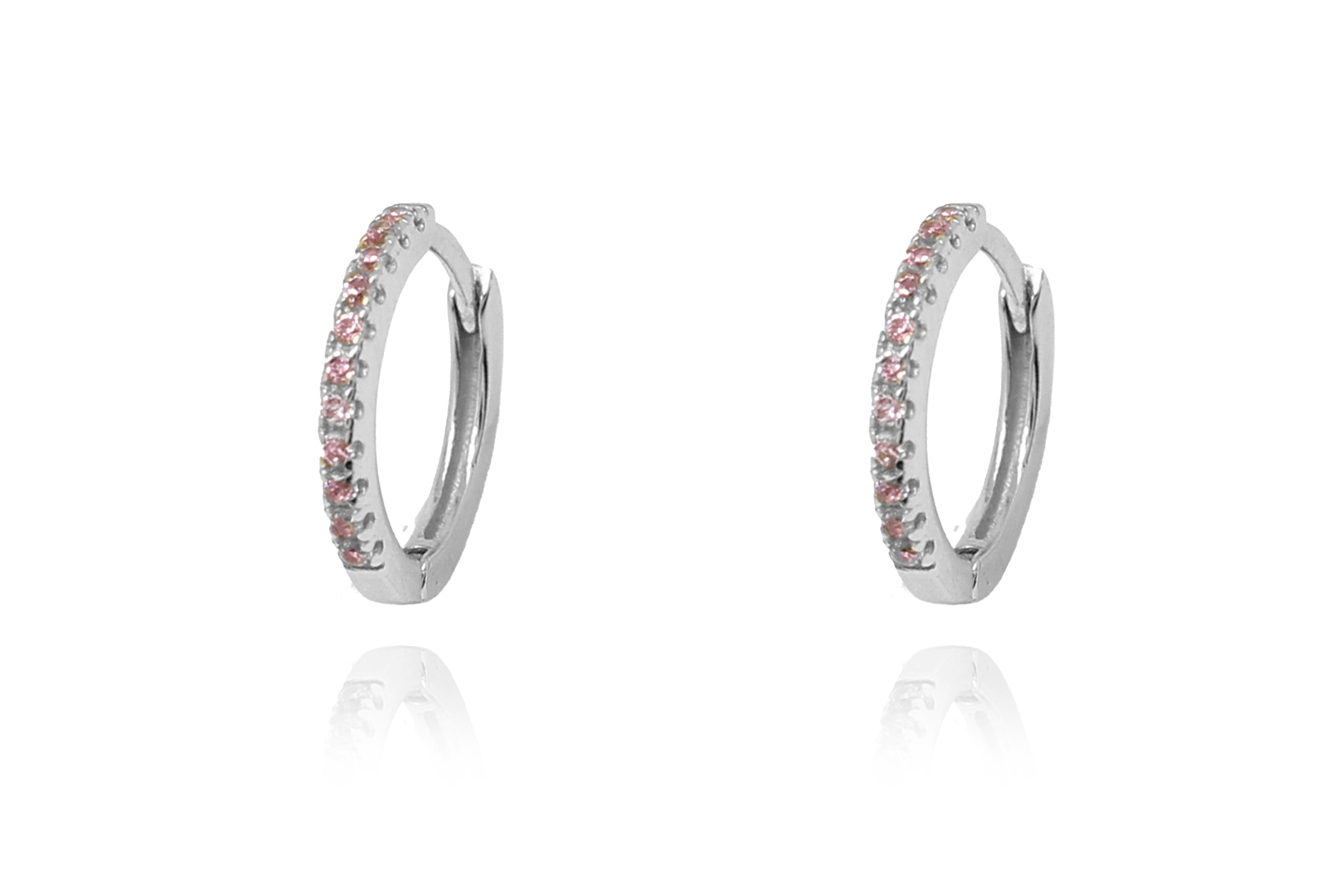 Dorval pink CZ Silver Hoop Huggies Earrings -#color_silver
