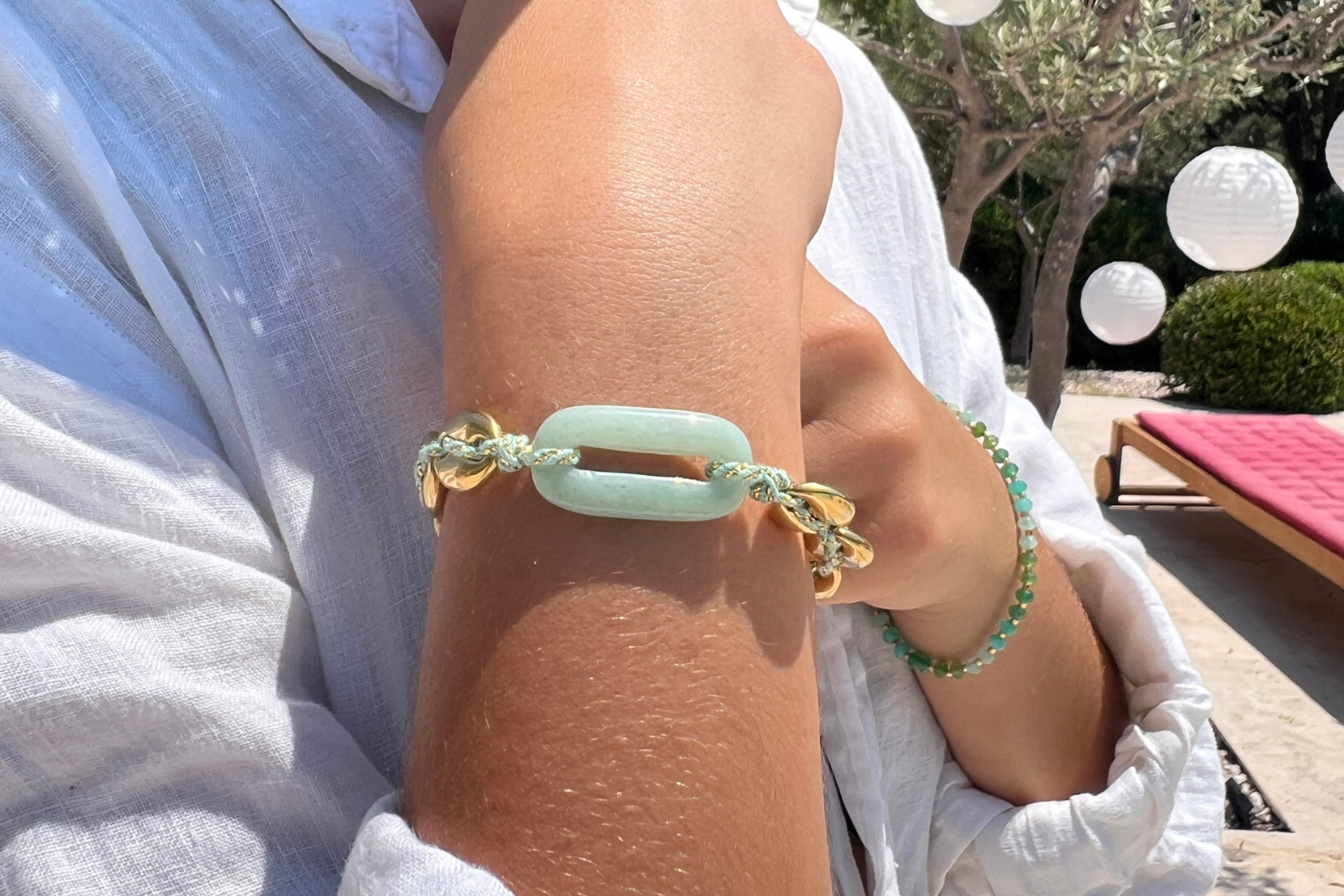 Corozo Green Aventurine Gold Waterproof Slider Bracelet Lifestyle