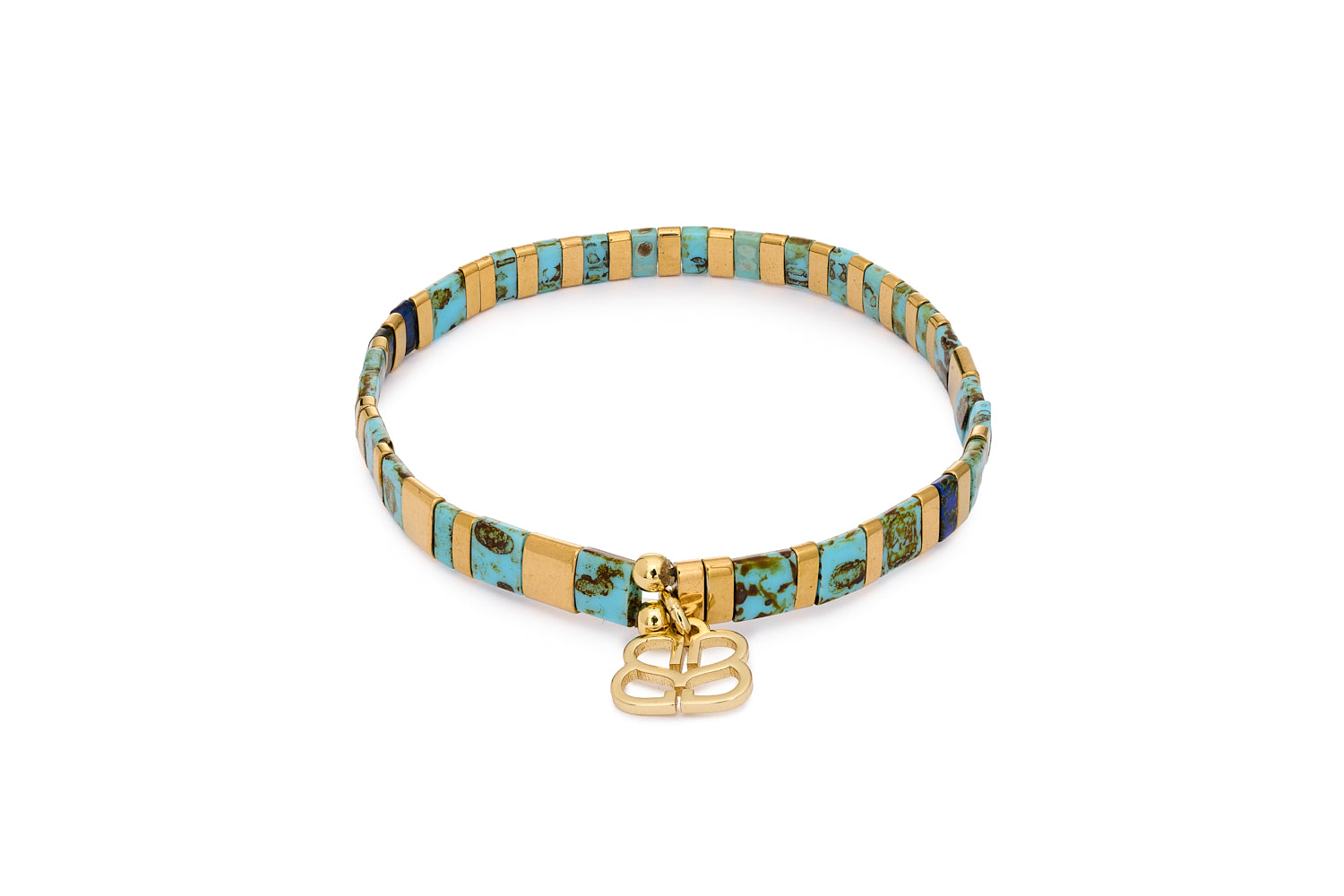 Dreamlover Turquoise & Gold Tila Bracelet with striped turquoise, gold, and green Japanese beads in an 18cm stretch design with Boho Betty charm.