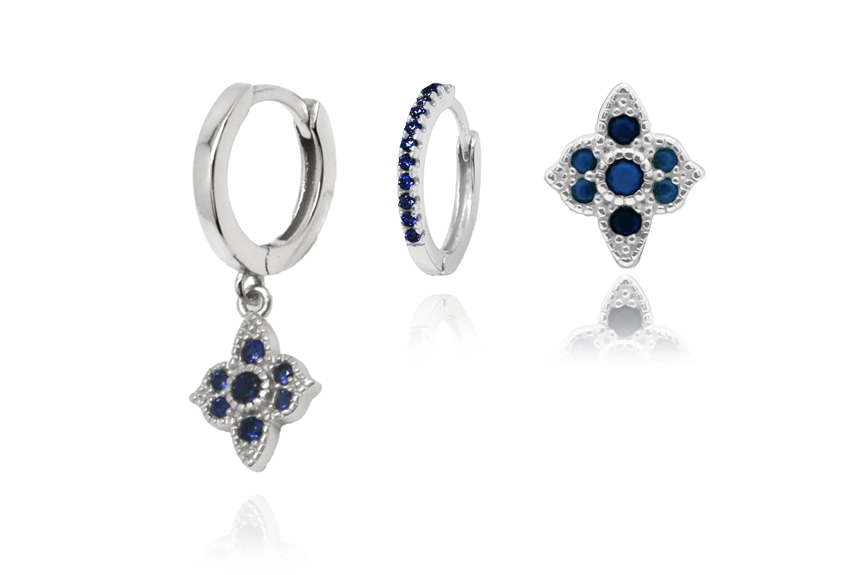 Takia Sapphire Blue Sterling Silver Layering Earring Set - Boho Betty