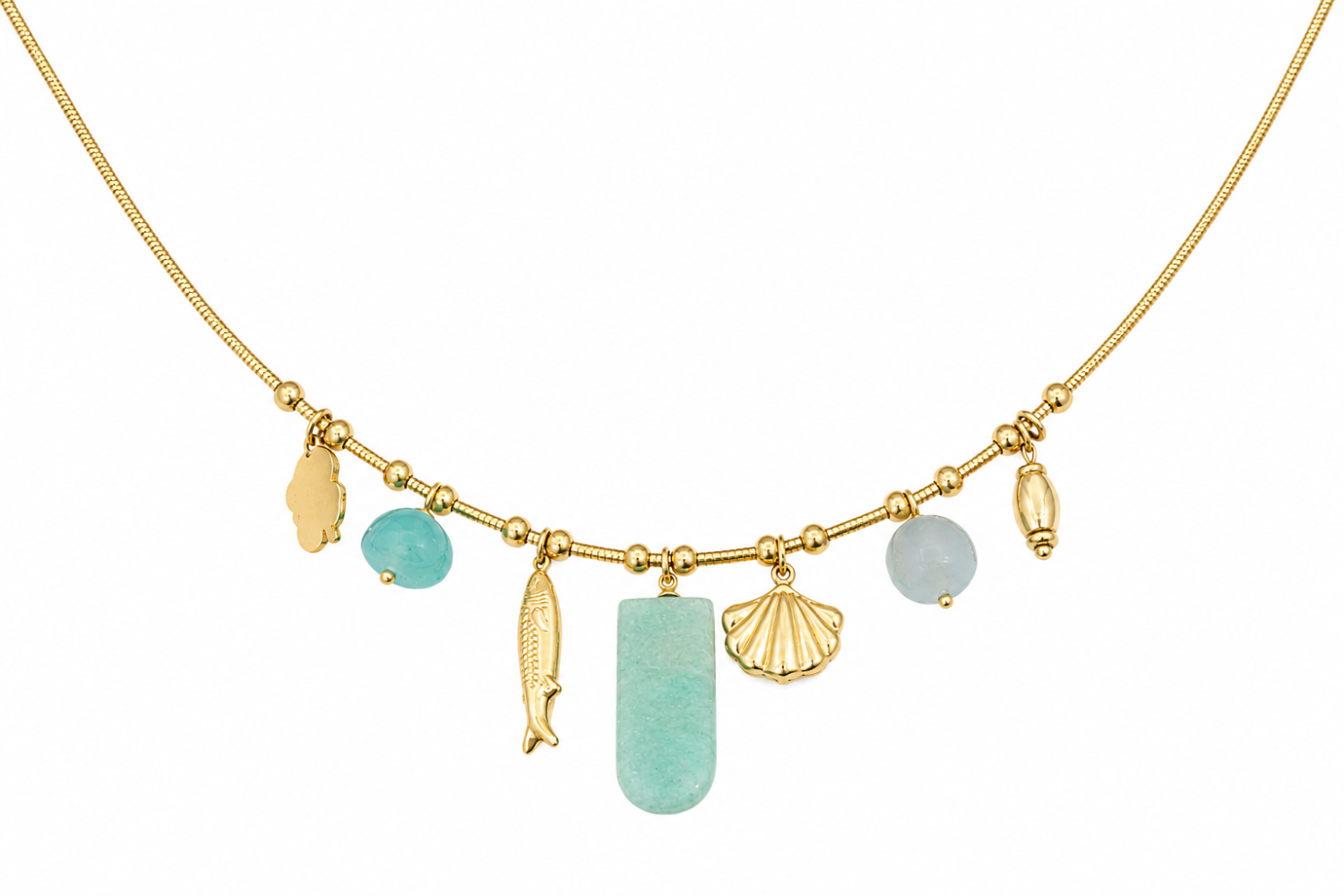 Eida Gold Coastal Charm Necklace featuring an amazonite pendant, blue agate gemstone drops and shell, flower and fish charms in waterproof 14k Gold PVD stainless steel.