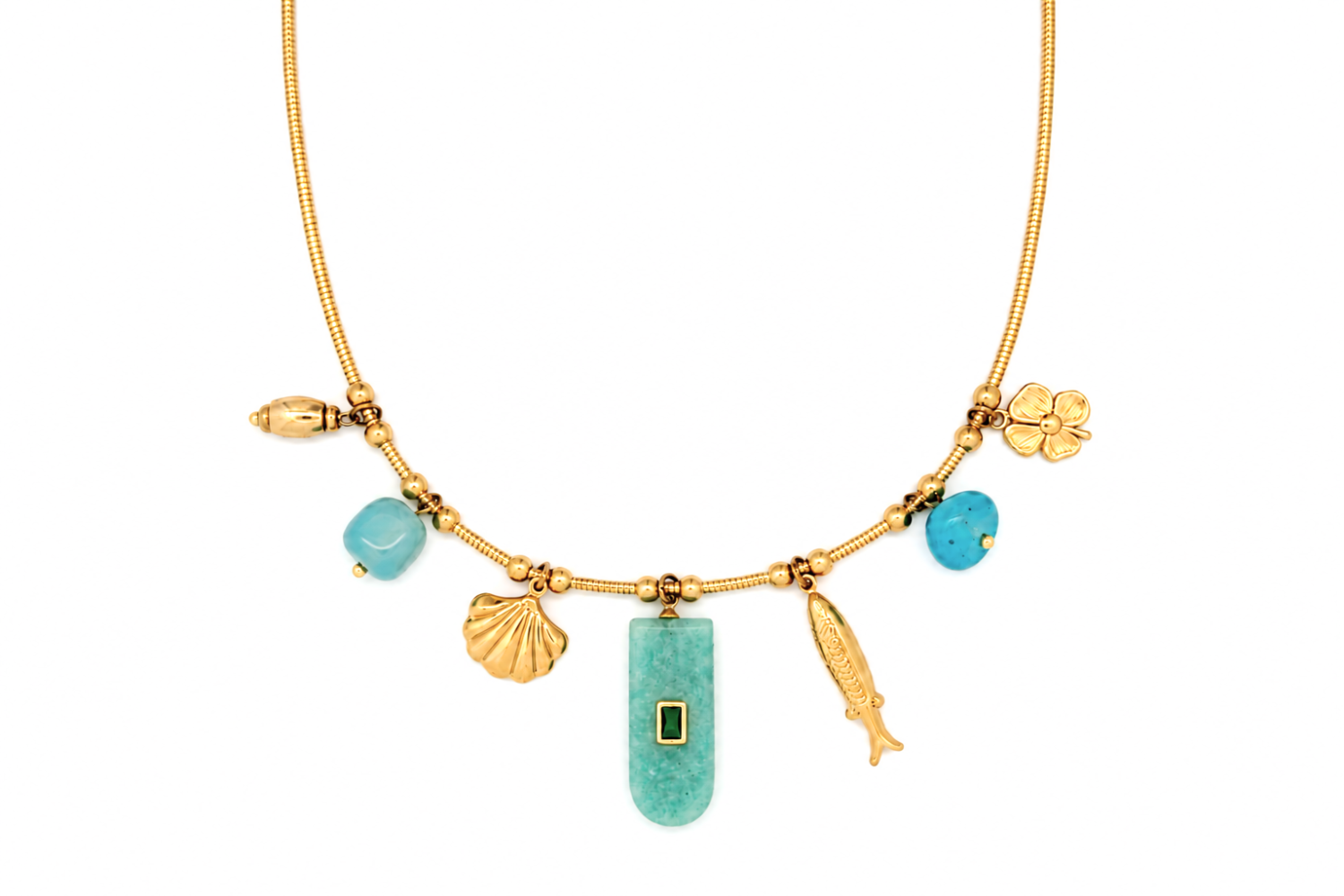 Eida Gold Coastal Charm Necklace featuring Amazonite and blue agate gemstones with shell, fish and flower charms on a waterproof 14k gold PVD chain.