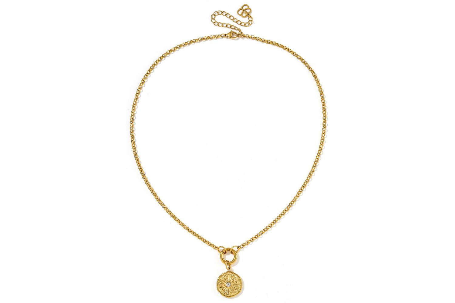 Full length view of the Eira reversible gold pendant necklace.